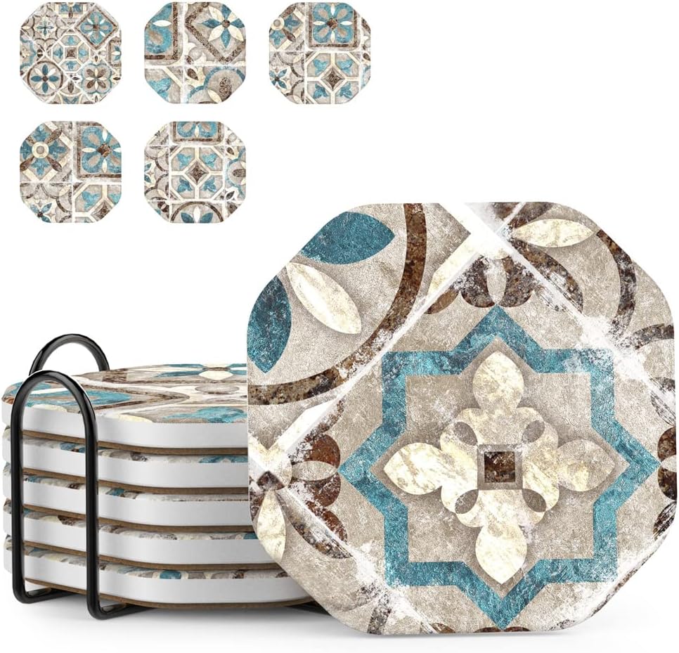 Drinks Coasters for Coffee Table Decor, Rustic Retro Boho Farmhouse Coasters, Absorbent Cup Mats for Wooden Table, Mandala Style, Unique Vintage Tile Design, Brown, 4", Set of 6
