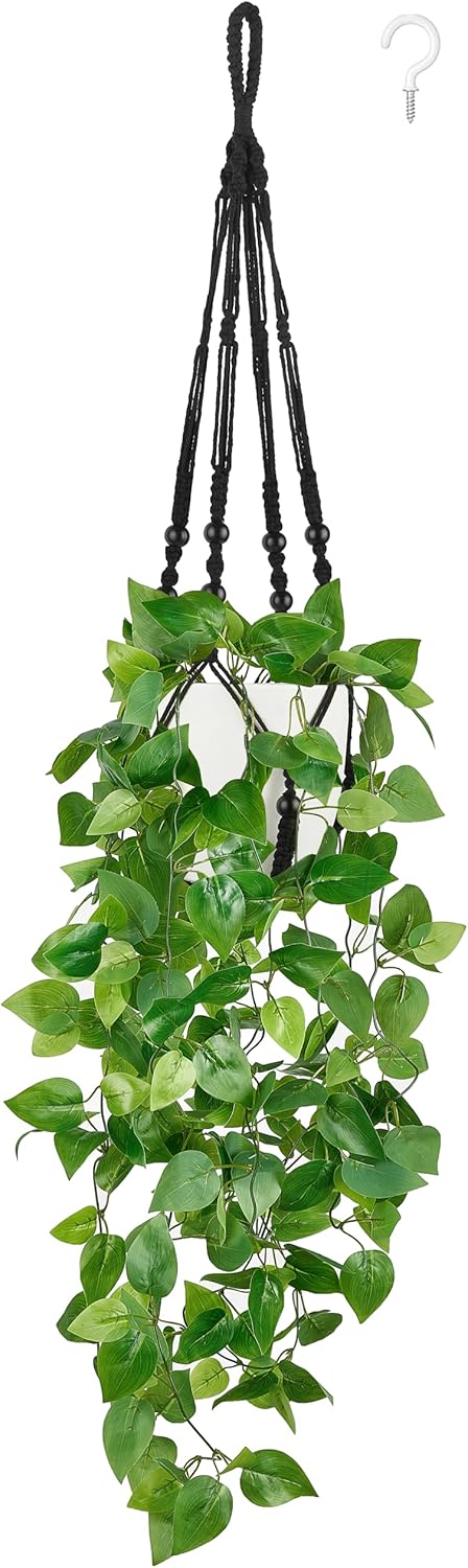 Artificial Macrame Hanging Plant with Pot (1, Black)