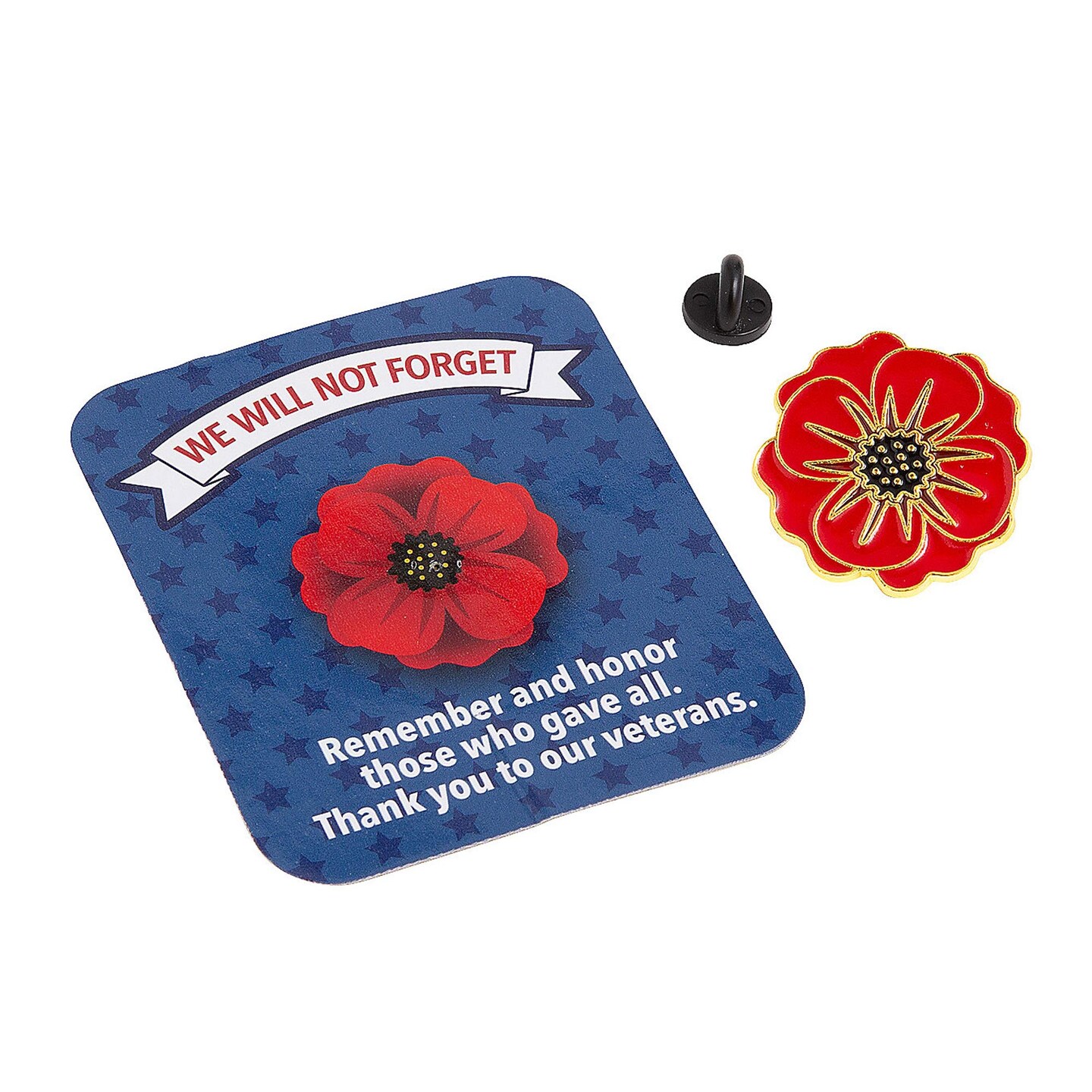 4th of July Patriotic Red Poppy Flower Metal Pins with Card 12 Pieces