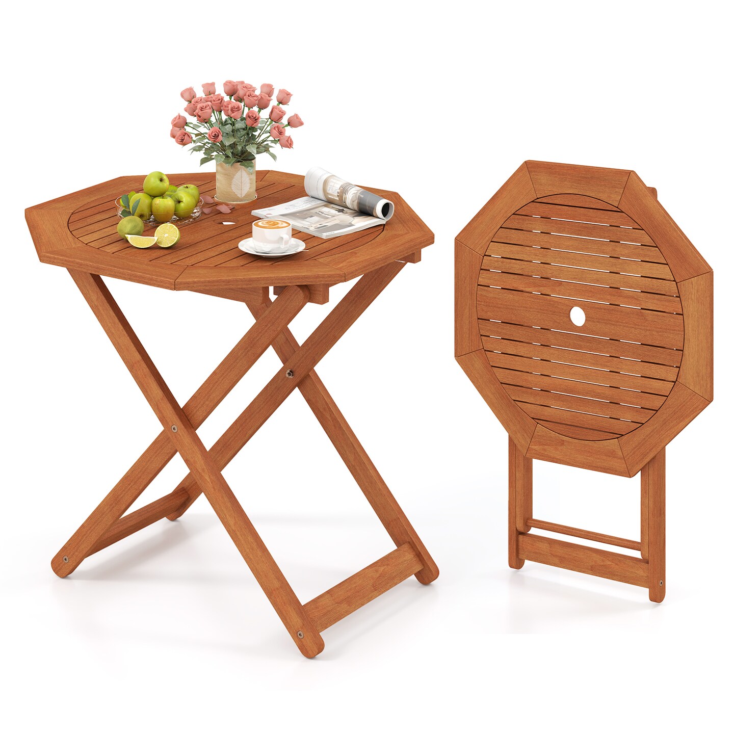 Space-Saving Solid Shorea Wood Foldable Patio Table with Umbrella Hole and Octagon Shape Seats Four People