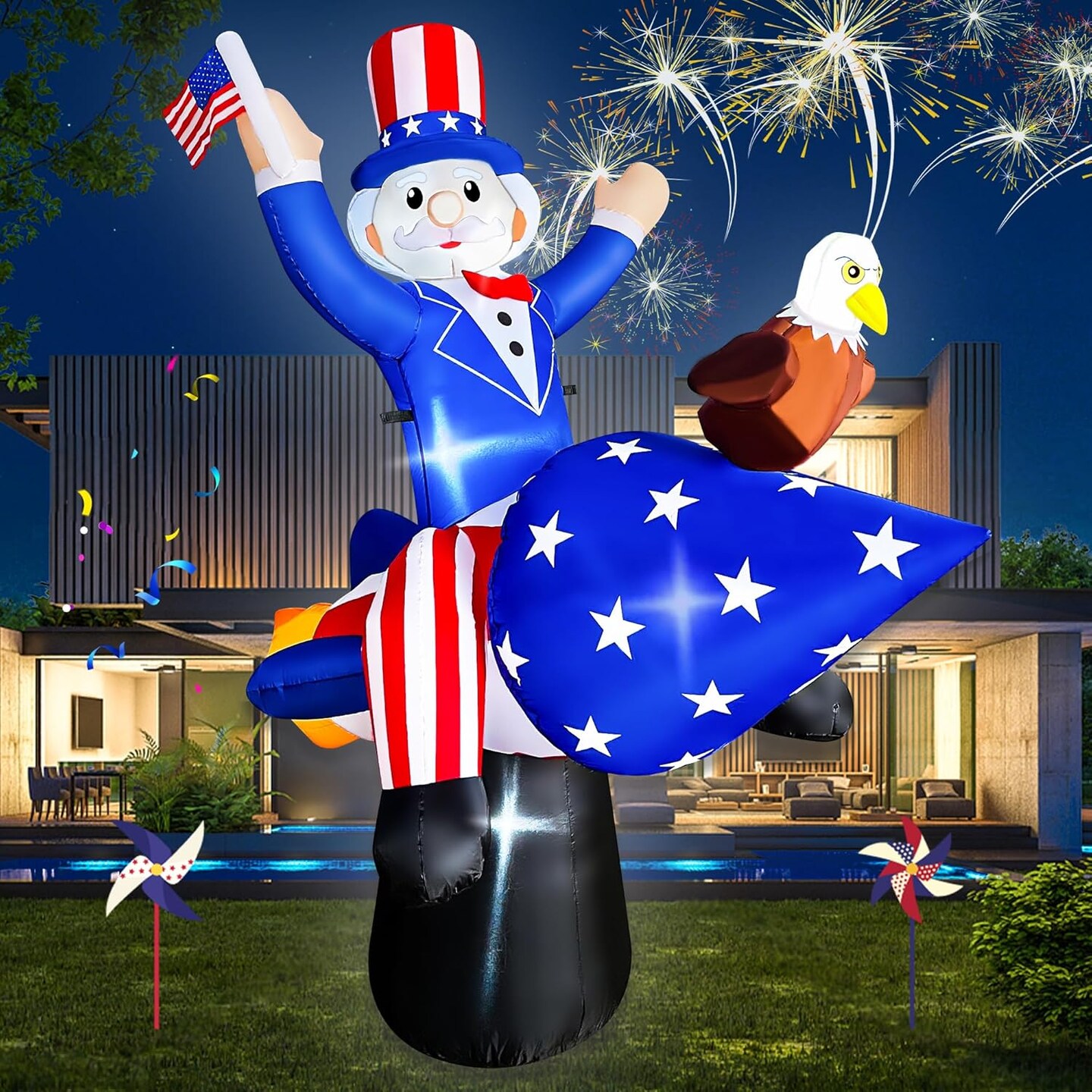 4th of July Inflatables 6 FT Inflatable Uncle Sam and Eagle on Rocket Independence Day Decorations Patriotic 4th of July Blow Up for Home Yard Lawn Garden Indoor Outdoor Memorial Day Decor
