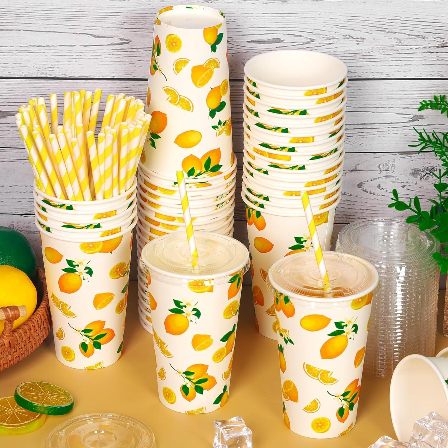 180 Pieces/60 Sets Lemonade Cups Disposable Paper Cups with Lids and Paper Straws 16oz Yellow Paper Cups Lemonade Stand Supplies for Cold Hot Beverage Juice Summer Fruit Party