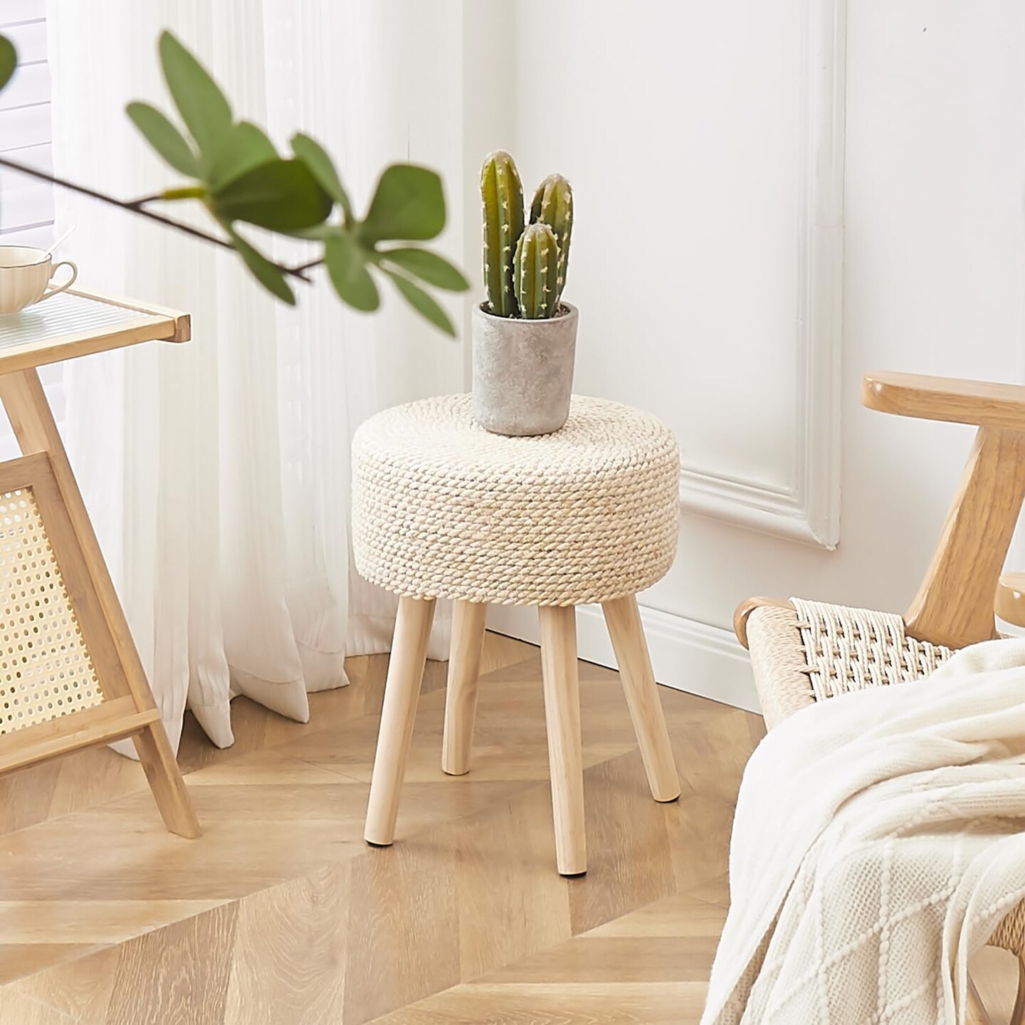 Foot Stool Pouf Ottomans with Solid Wood Legs Hand Weave Footrest Step Stool (13&#x22;D x 13&#x22;W x 16.3&#x22;H) (Natural)