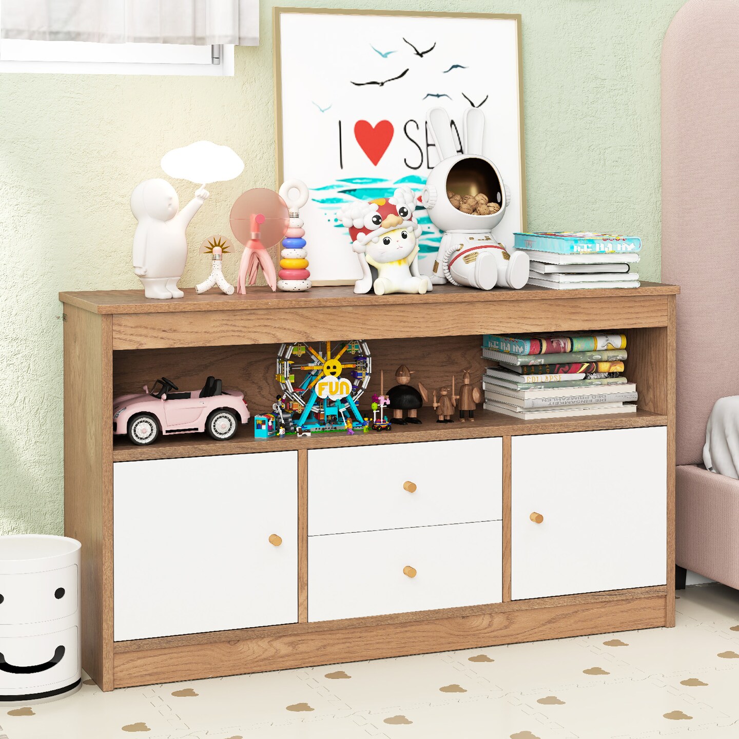 Kids Storage Organizer with Cabinets and Drawers Wooden Toy Shelf for Bedroom or Playroom