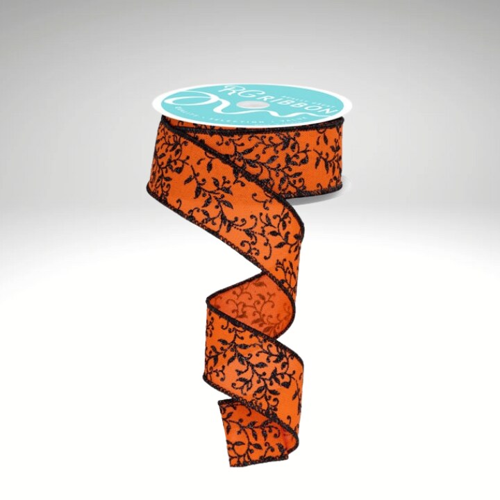 Halloween Ribbon Orange &#x26; Black | 1.5&#x22;x10yd Glitter Vine Wired Craft Trim-RGF1314P2