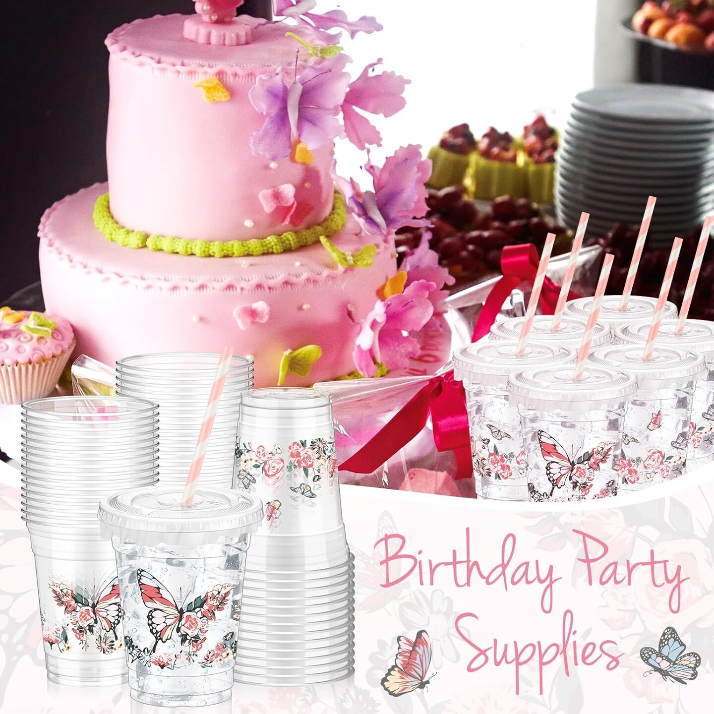 50 Pcs 12 oz Disposable Plastic Cups with Straws, Lids and Leakproof Paper Clear Birthday Party Cups Supplies Birthday Table Decorations