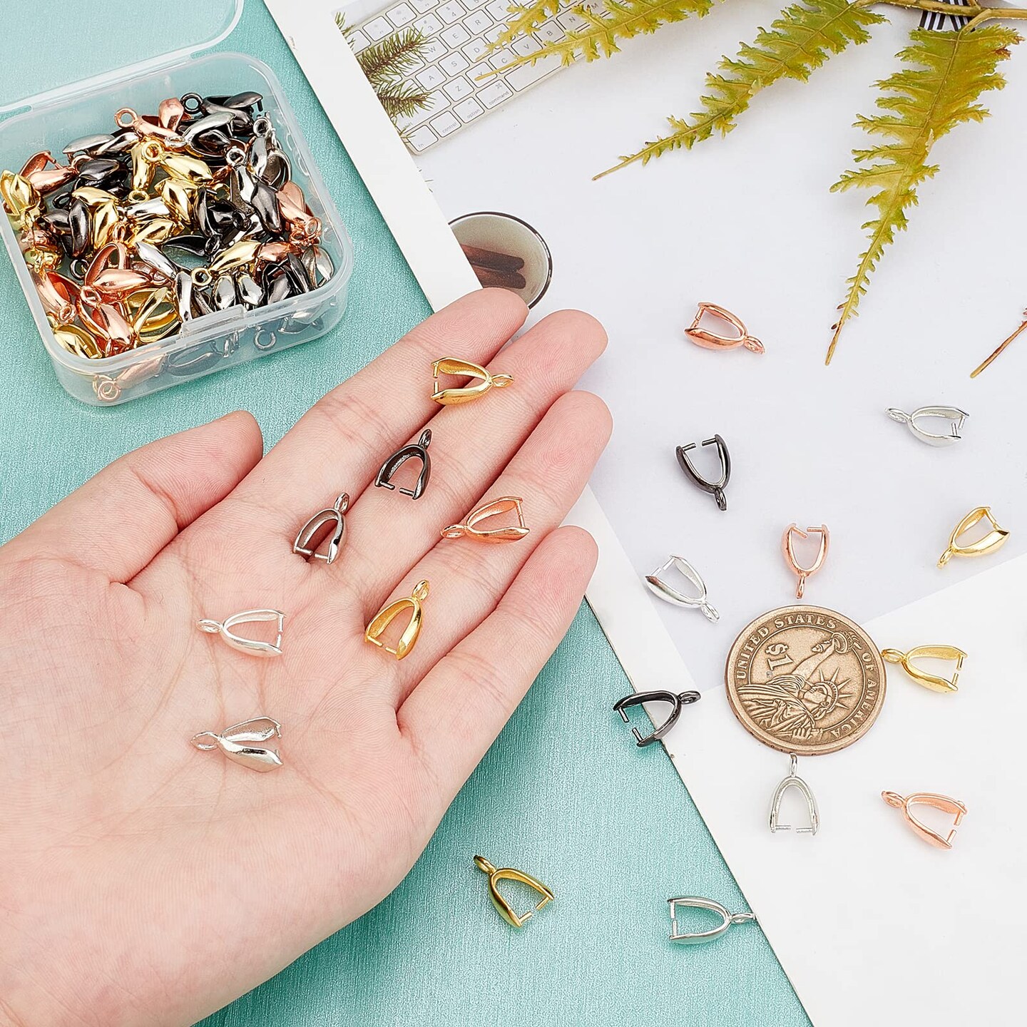 About 100 Pieces Brass Pinch Clip Bail Clasp Dangle Charm Bead Pendant Connector Findings 14x7x5mm for Jewelry Making 5 Colors