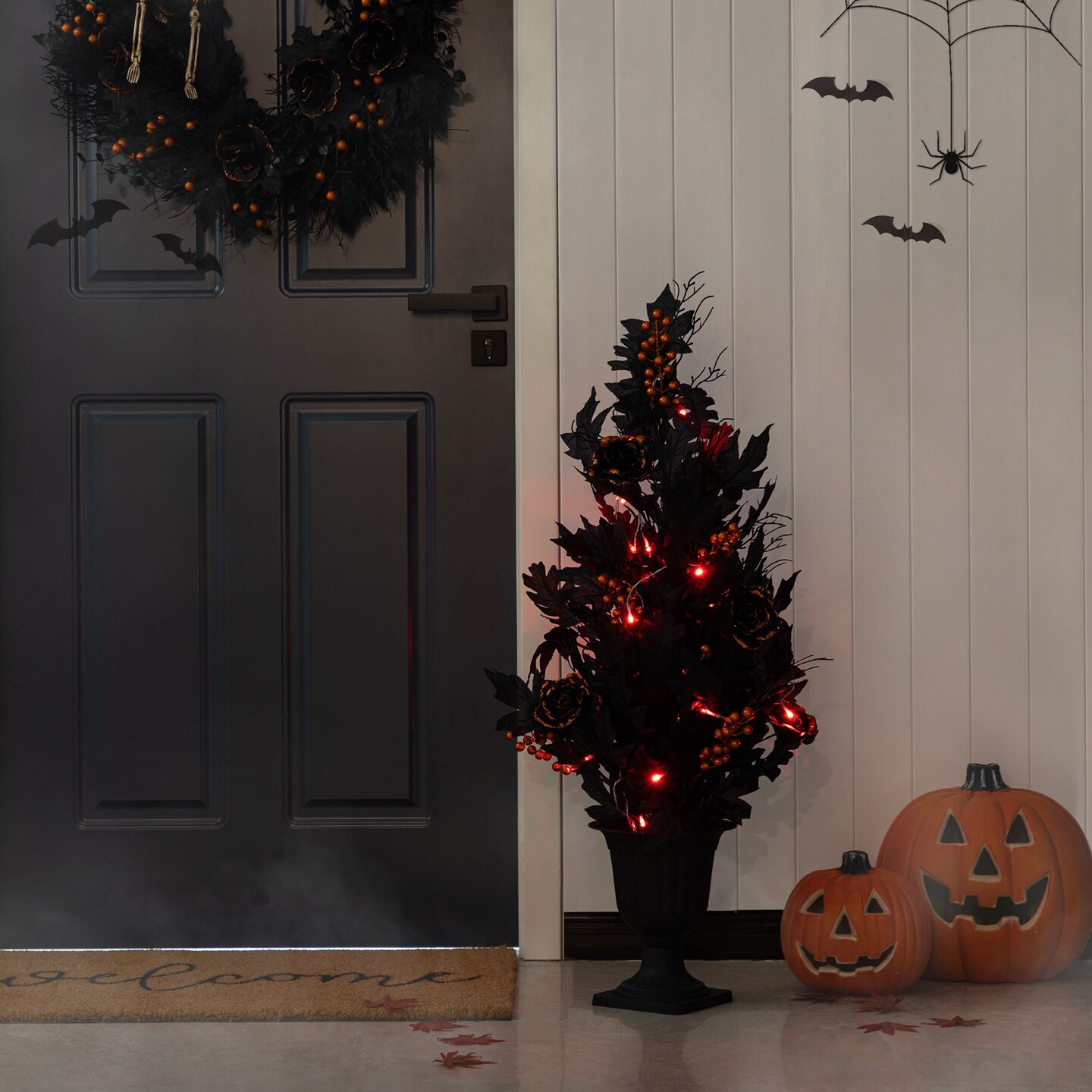Halloween Lighted Black Rose with Orange Glitter Urn Porch Trees and Wreath/Teardrop Set