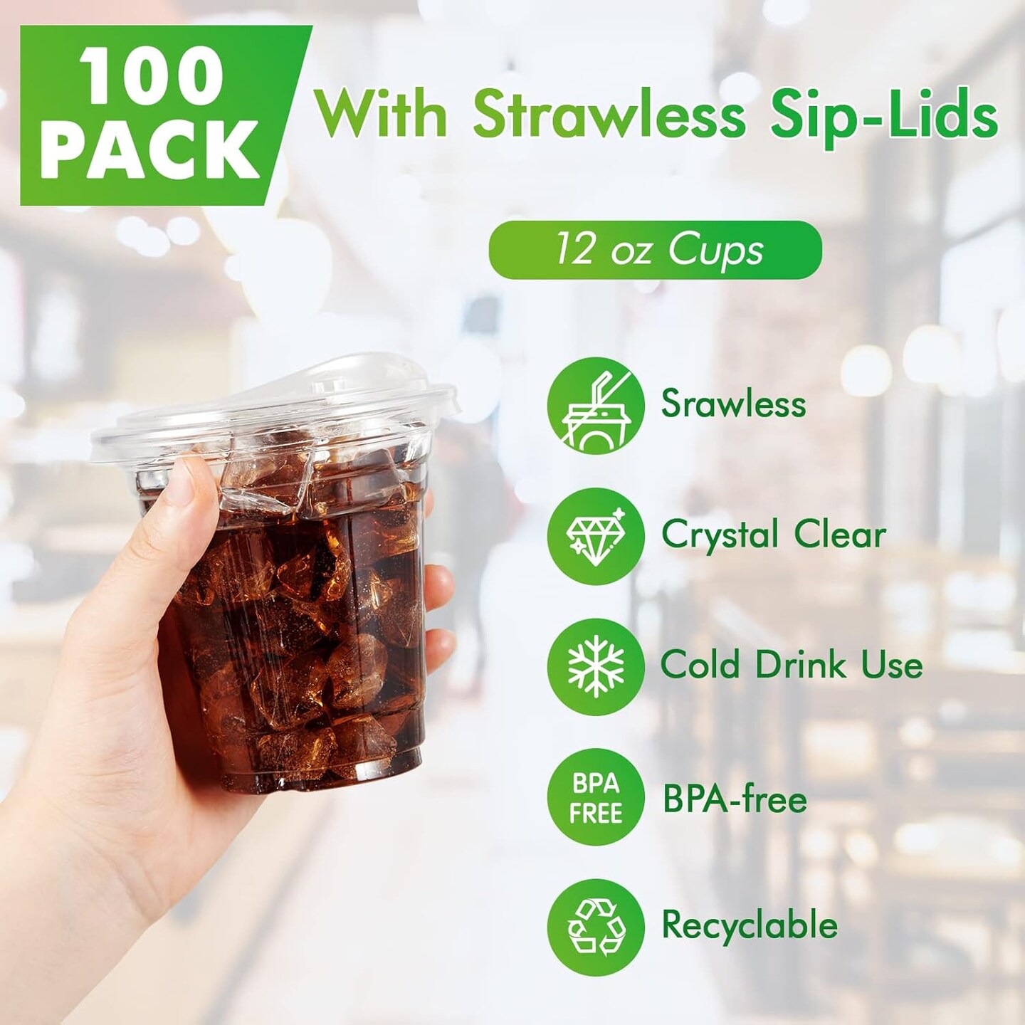 Clear Plastic Cups With Strawless Sip Lids, Disposable Plastic Cups With Sip Through Lids for Ice Coffee, Smoothie, Slurpee, or Any Cold Drinks