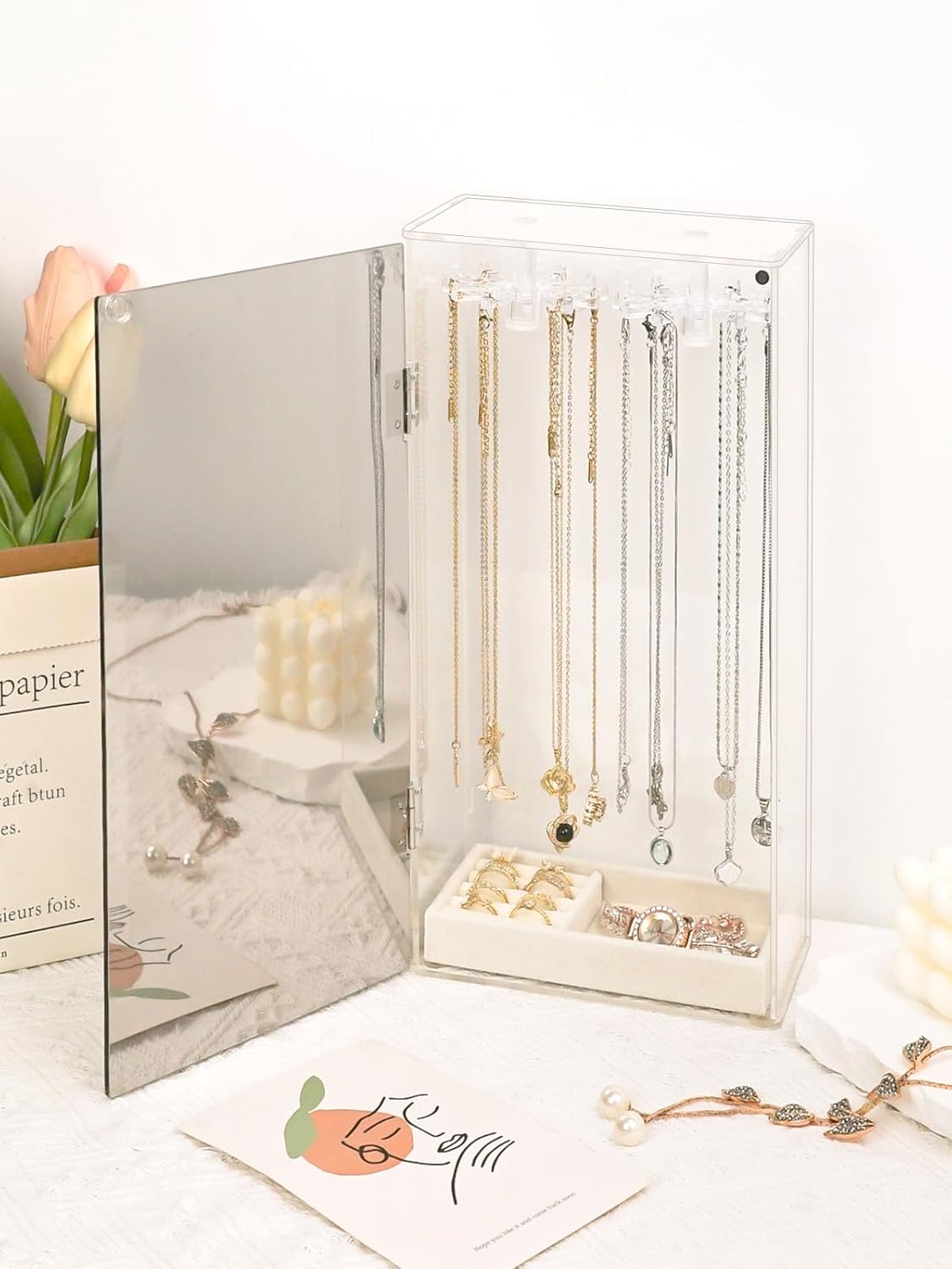 Necklace Holder Organizer, Acrylic Jewelry Organizer with Velvet Tray &#x26; Built-in Mirror, 24 Hooks Dustproof Clear Jewelry Box Storage Stand, Ring Earrings Bracelets Display Case for Women