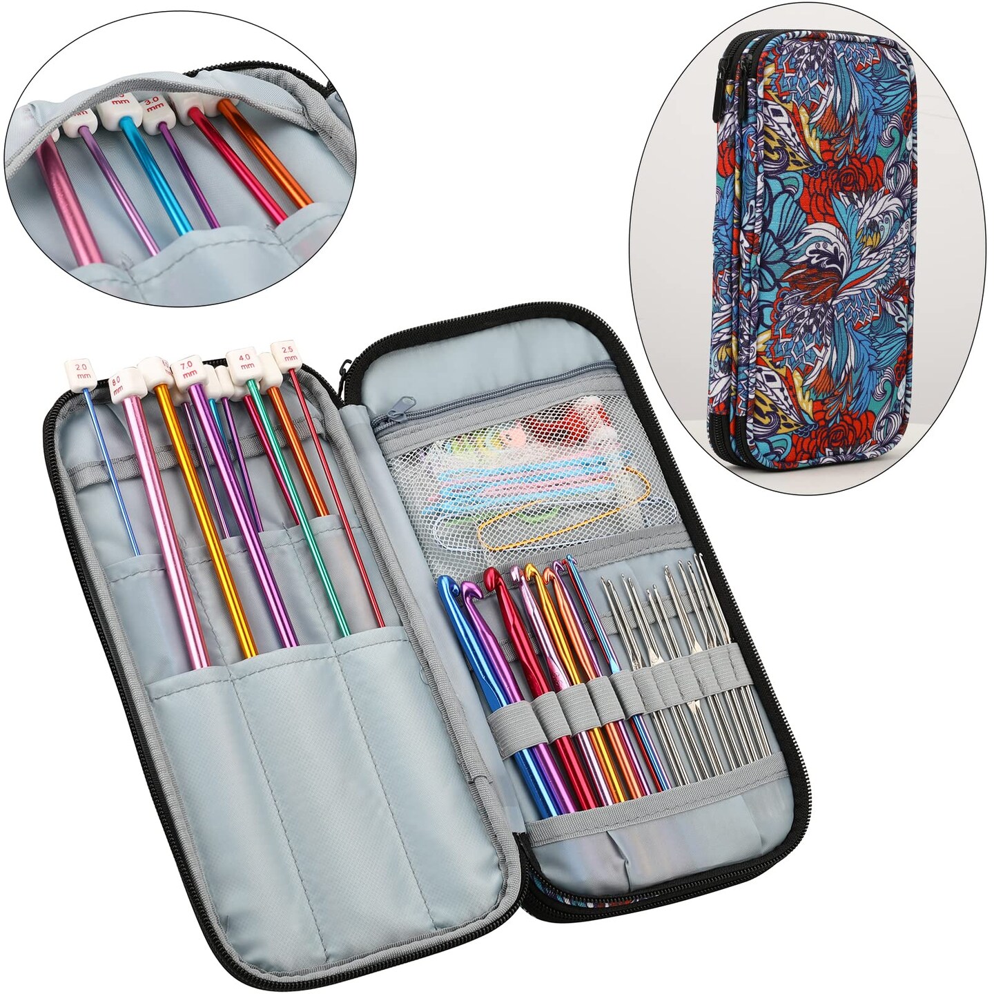 LOOEN Aluminum Tunisian Crochet Hooks Set Afghan Knitting Needles Kit with Long Case,11pcs 2mm/B-8mm/L Hooks and Necessary Accessories,Gift for Mom (Flower)