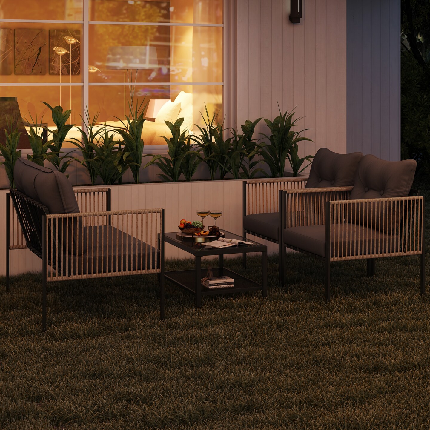 4-Piece Outdoor PE Rattan Patio Set Gray Cushioned Loveseat