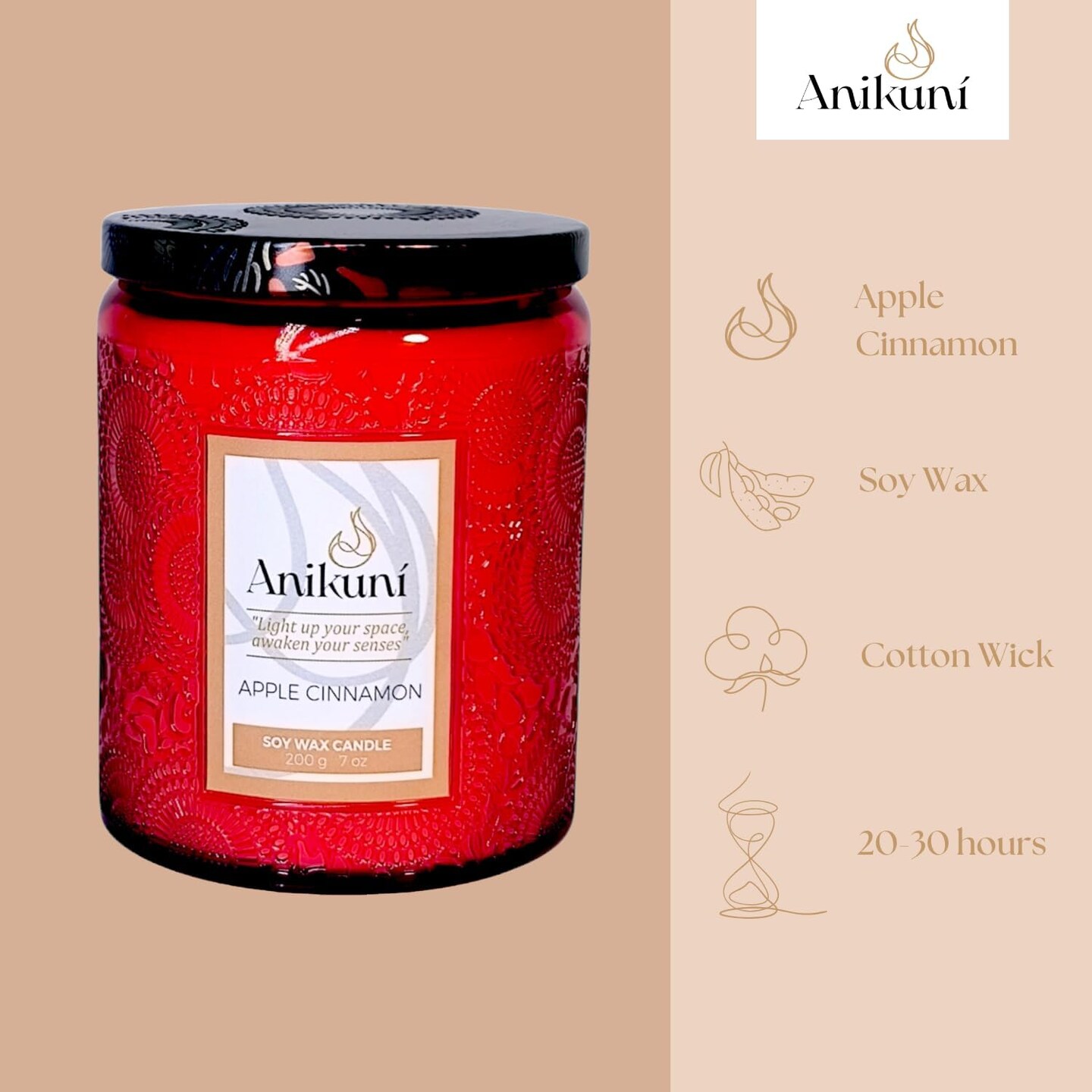 Soy Wax Candle with Apple Cinnamon Scent, 7oz, Natural Essence, Long Lasting, Reusable Jar, Eco-Friendly Decor