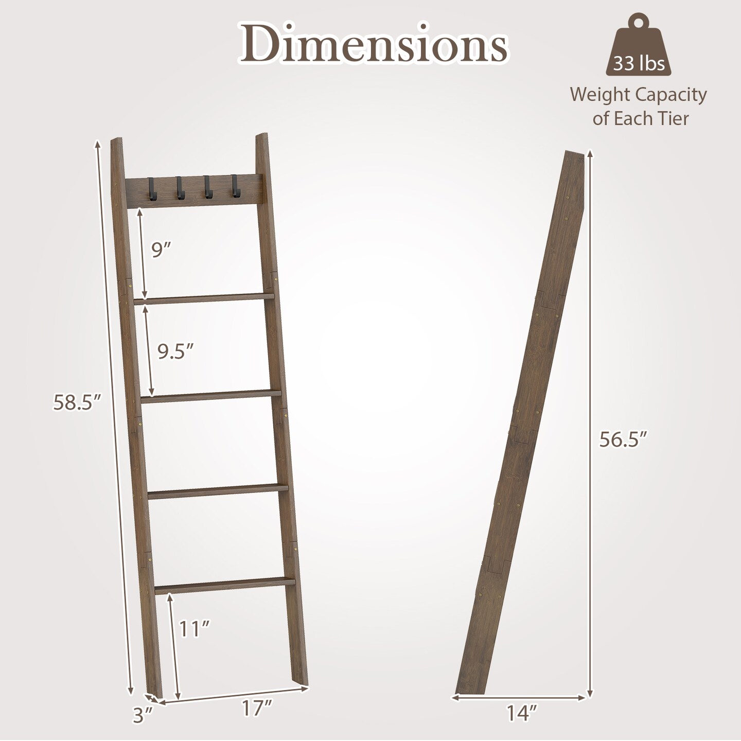 5-Tier Space-Saving Wicker Blanket Ladder Shelf with Metal Support and 4 Removable Hooks for Home