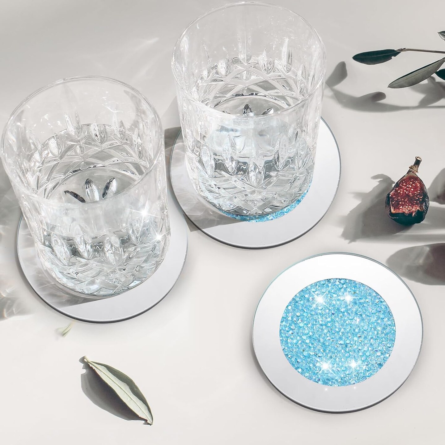 Crushed Diamond Decor Glass Coaster Coasters Set of 6 with 1 Holder, Crystal Mirrored Coasters Glitter Crushed Diamond Decoration Rhinestone Decor for Kitchen Bar Home(Navy Blue)