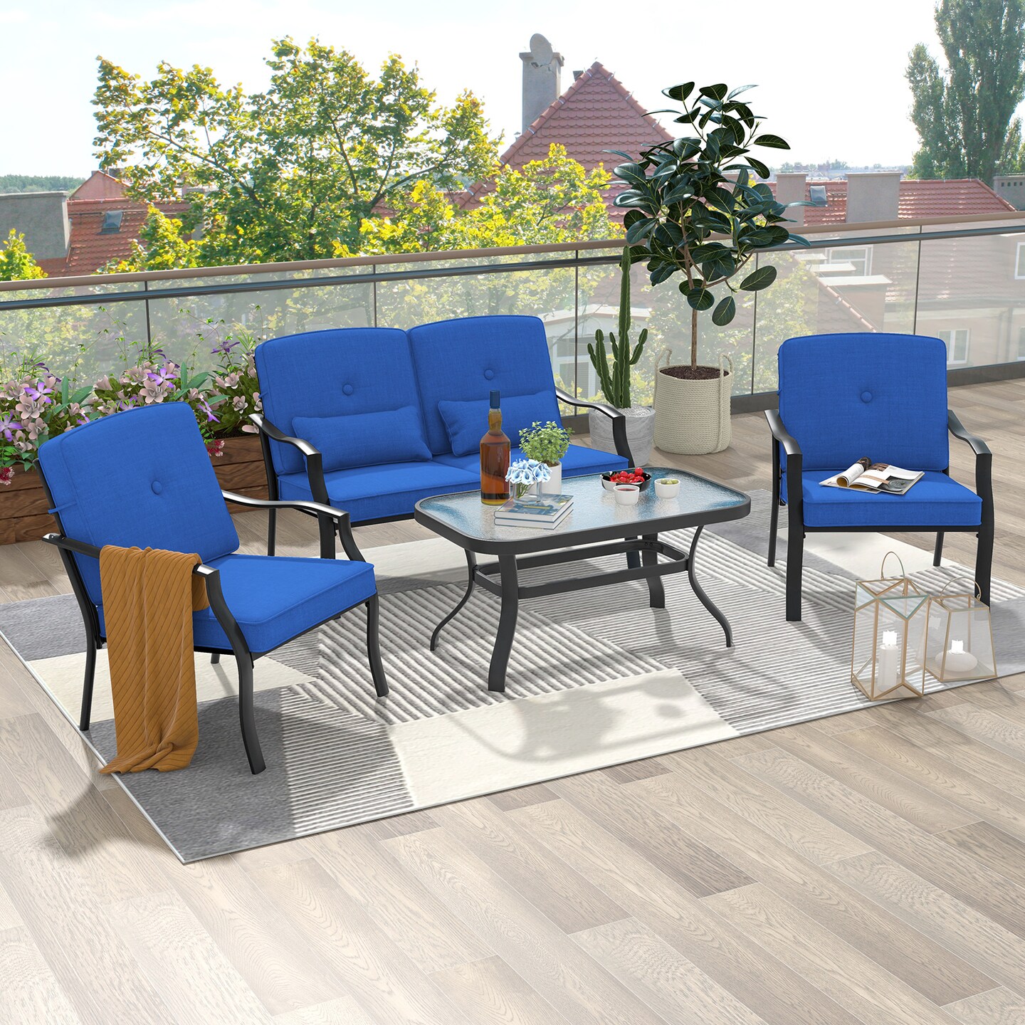 2-Piece Outdoor Patio Metal Chair Set with Cushions Black Frame, Gray Removable Cushions