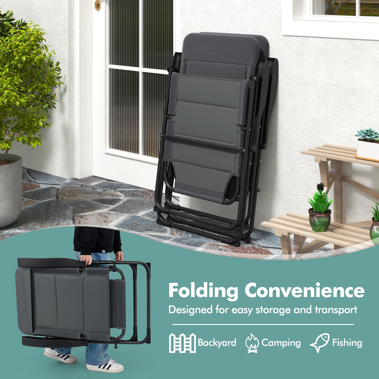 Set of 2 Foldable Patio Sling Chairs – 7-Position Adjustable Recliner, Heavy-Duty Steel Frame