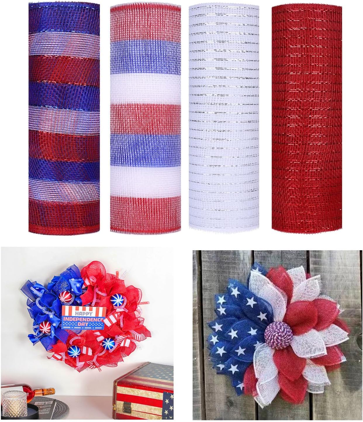 4 Rolls Deco Mesh Ribbon for 4th of July Wreath Making Supplies, 10Inch x 30Ft Metallic Burlap Mesh Red White Blue Deco Mesh Rolls for Independence Day