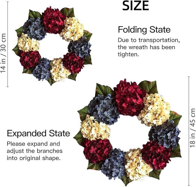 20" Memorial Day Patriotic Flower Wreath Spring Fourth of July Wreaths with Hydrangeas Summer Swag for Front Door 4th of July Red White and Blue American Flag Military Wall Decor Indoor