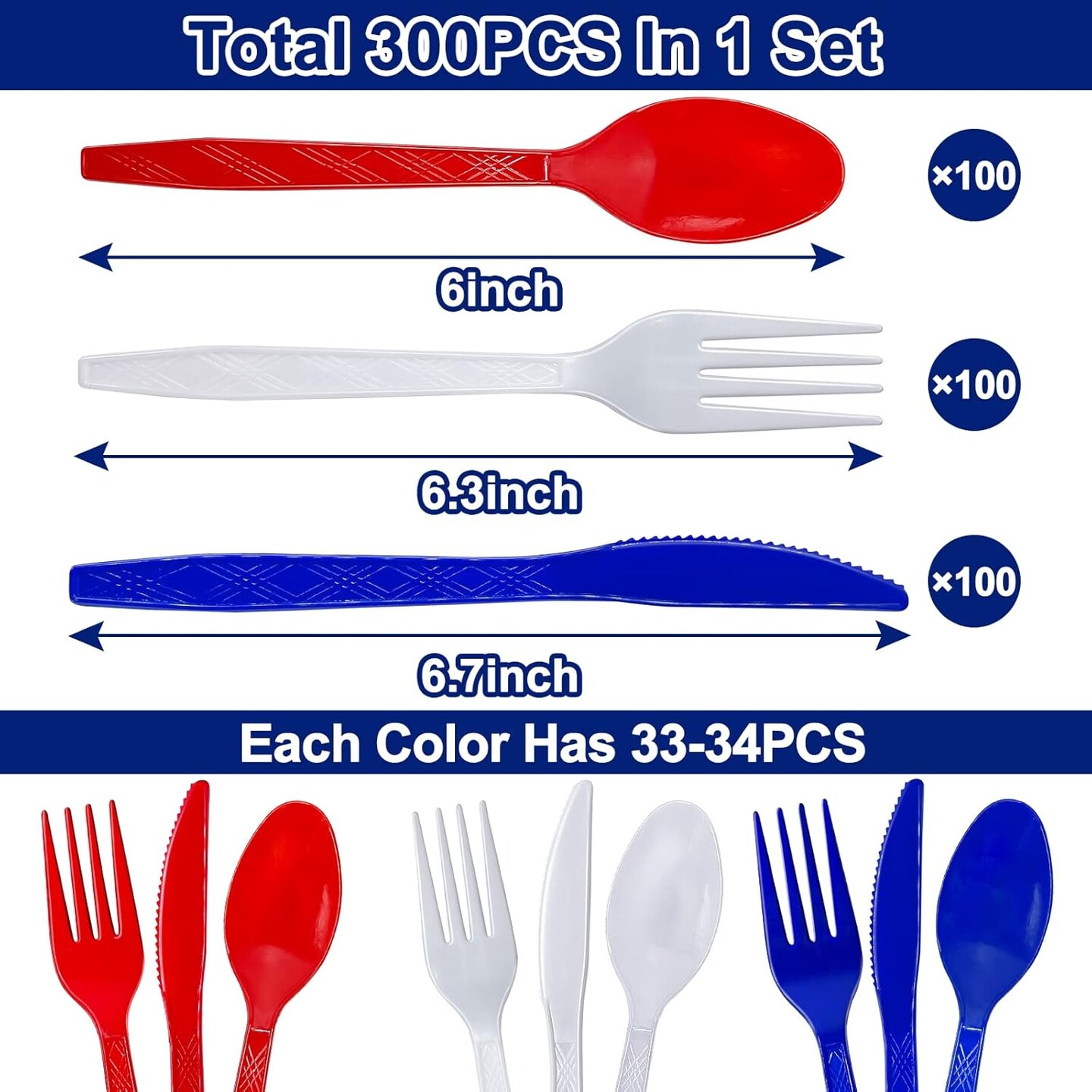 300 Pcs Patriotic American Flag Party Supplies, 4th of July Disposable Plastic Cutlery Set 100 Spoons 100 Forks 100 Knives Memorial Day Decorations Red White Blue Utensil Flatware Independence Day