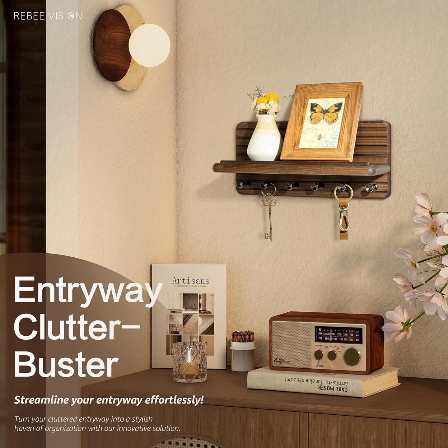 Farmhouse Key Holder Wall Mount for Home Decor – Decorative Pine Wooden Key Holder for Wall with 6 Hooks & Floating Shelf - Rustic Charm for Room Decor Aesthetic (Brown)