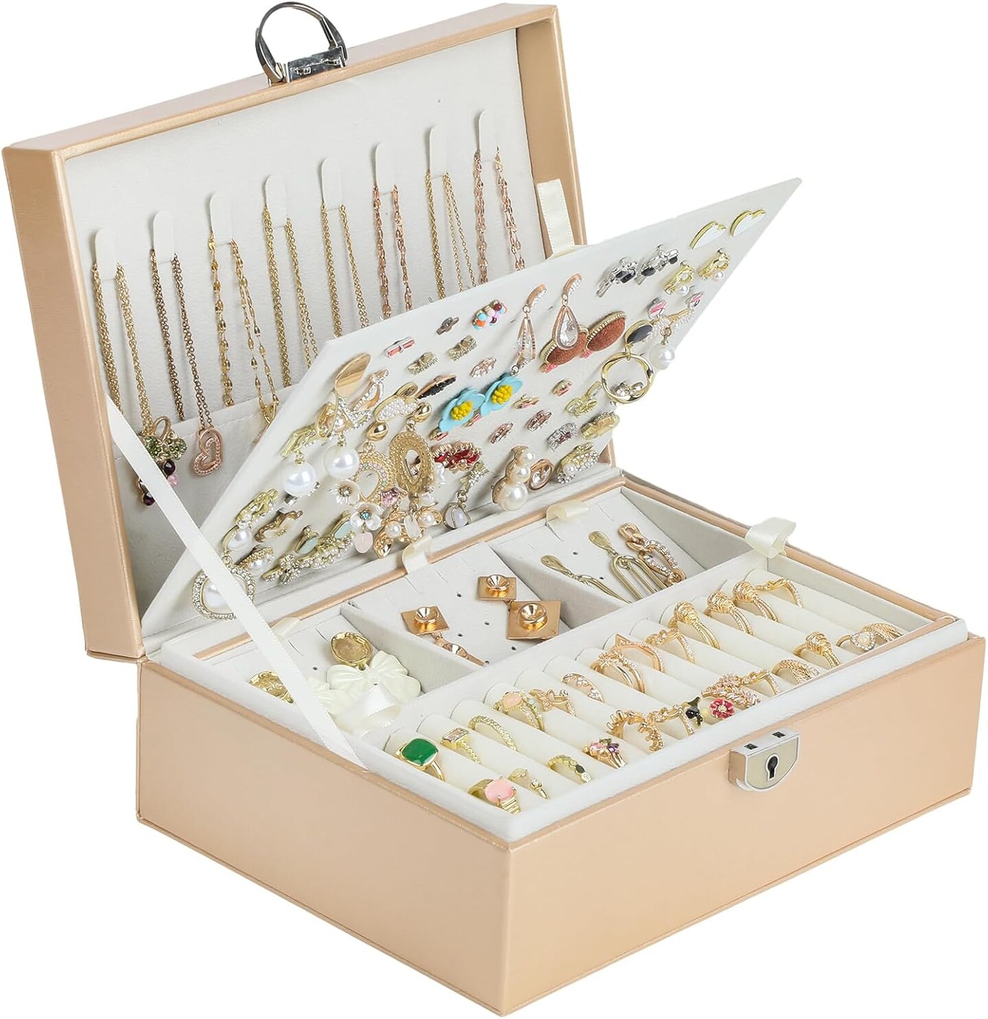 Earring Jewelry Box For Women Girl Stud Organizer, 4 Layers Girl Jewelry Organizer Box With Lock Earring Holder Organizer Necklace Ring Jewelry Organizer Box For Girls (Champagne, 4 layer)