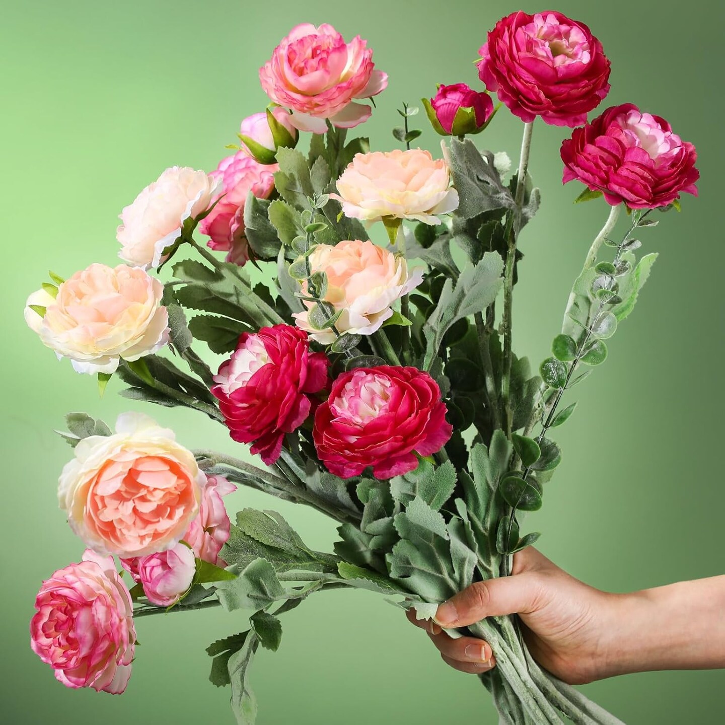 18-Piece Artificial Flower Bundle – Silk Peony, Rose, and Eucalyptus Stems for Faux Bouquets, Table Centerpieces, Weddings, and Farmhouse Home Décor (Classic)