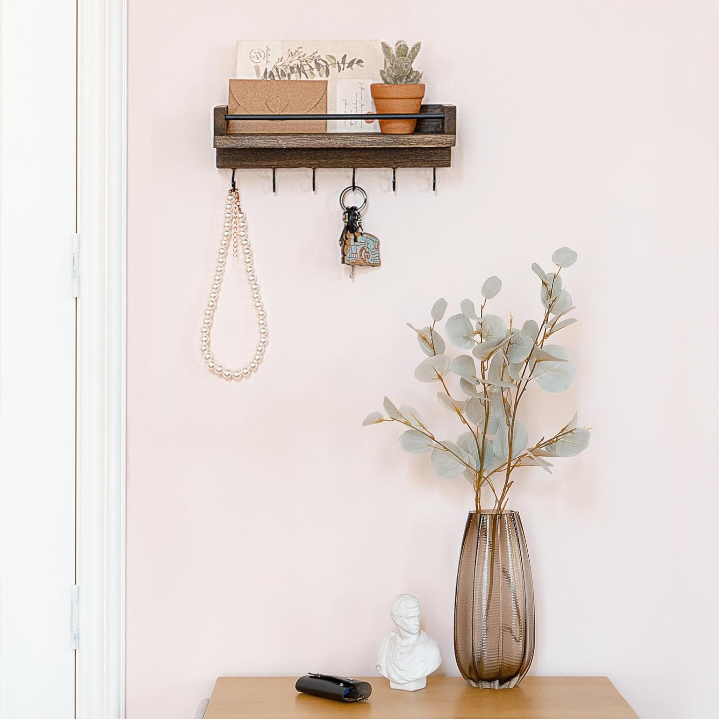 Key Holder for Wall 9.5" x 3.5" x 2.5" Small Rustic Wood Key Rack with 6 Hooks Decorative Display Keys Hanger Organizer for Entryway Living Room Bedroom Bathroom Office Home Decor