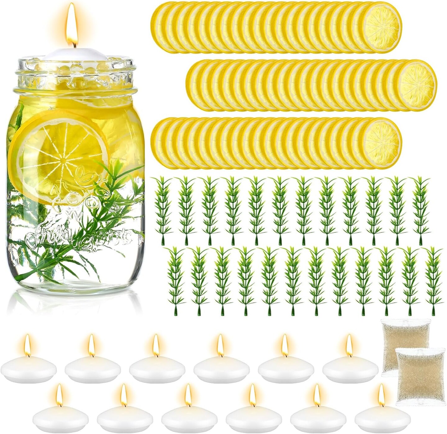 98 Pcs Lemon Vase Fillers with Floating Candles Kit 60 Artificial Lemon Slices 12 Floating Candles 24 Artificial Rosemary 2 Bags Water Gels for Mason Jar Table Centerpiece3