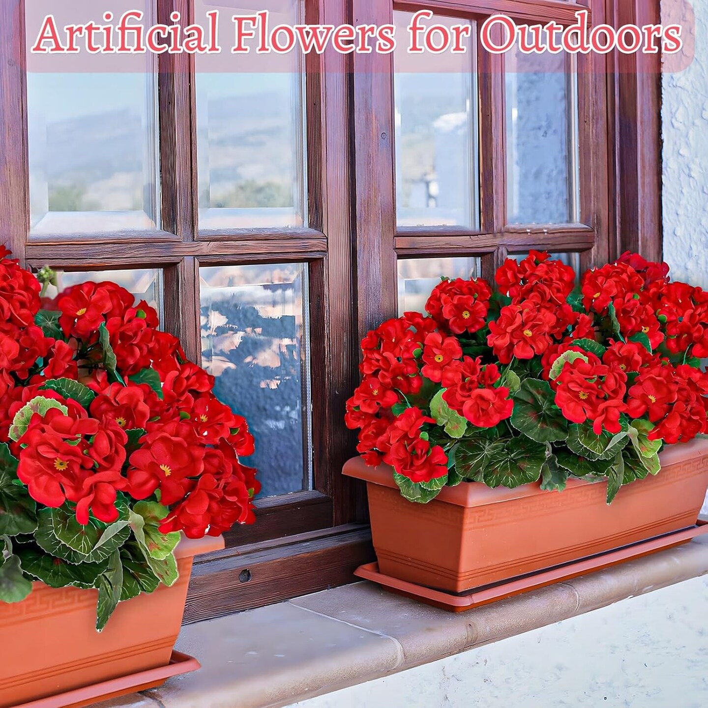 Artificial Geraniums Flowers for Outdoors Summer Decor, 4 Bundles UV Resistant Fake Geraniums Flowers Silk Faux Plants for Home Planter Gardens