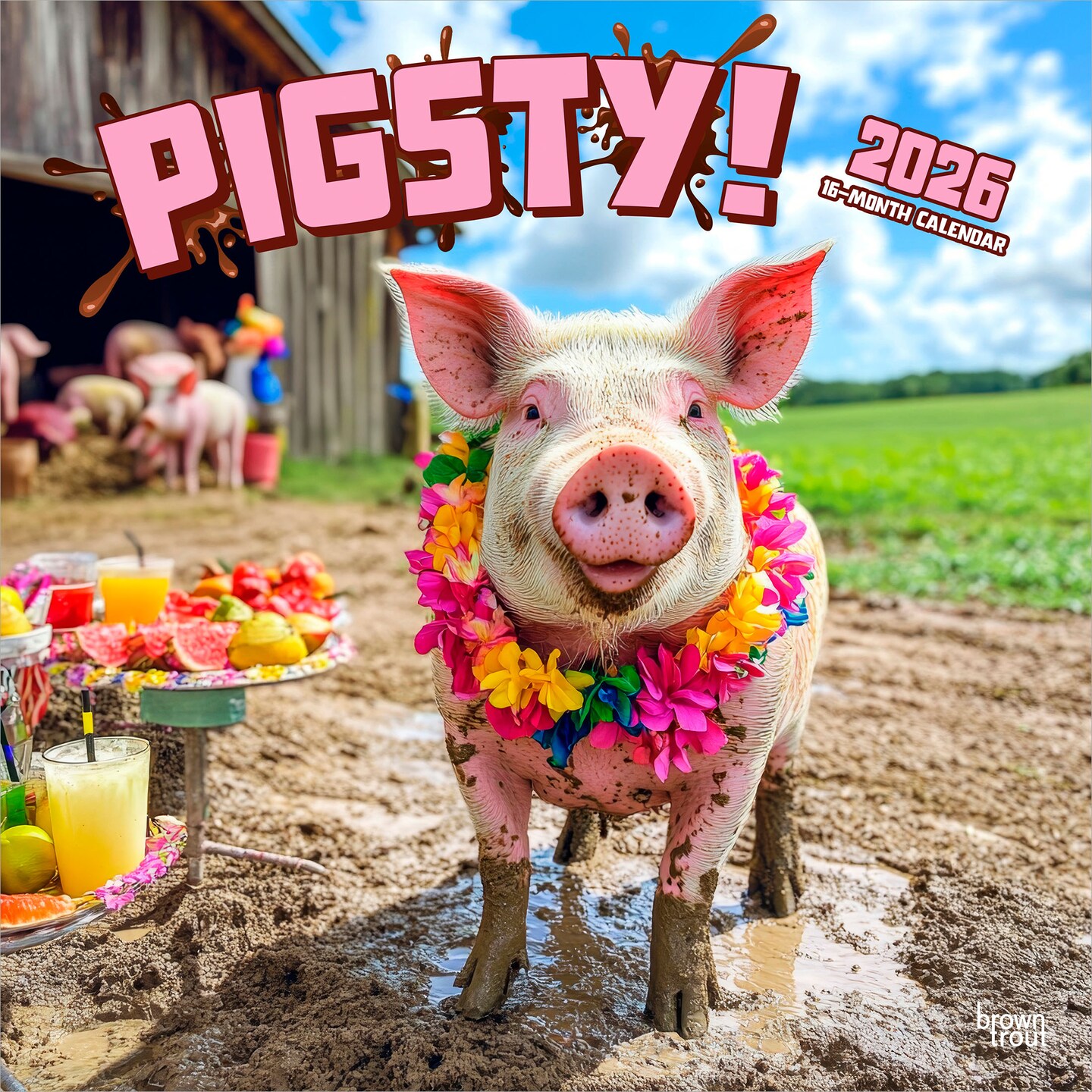 Pigsty | 2026 12 x 24 Inch (Hanging) Monthly Square Wall Calendar | Plastic-Free | BrownTrout | Domestic Pet Farm Animals