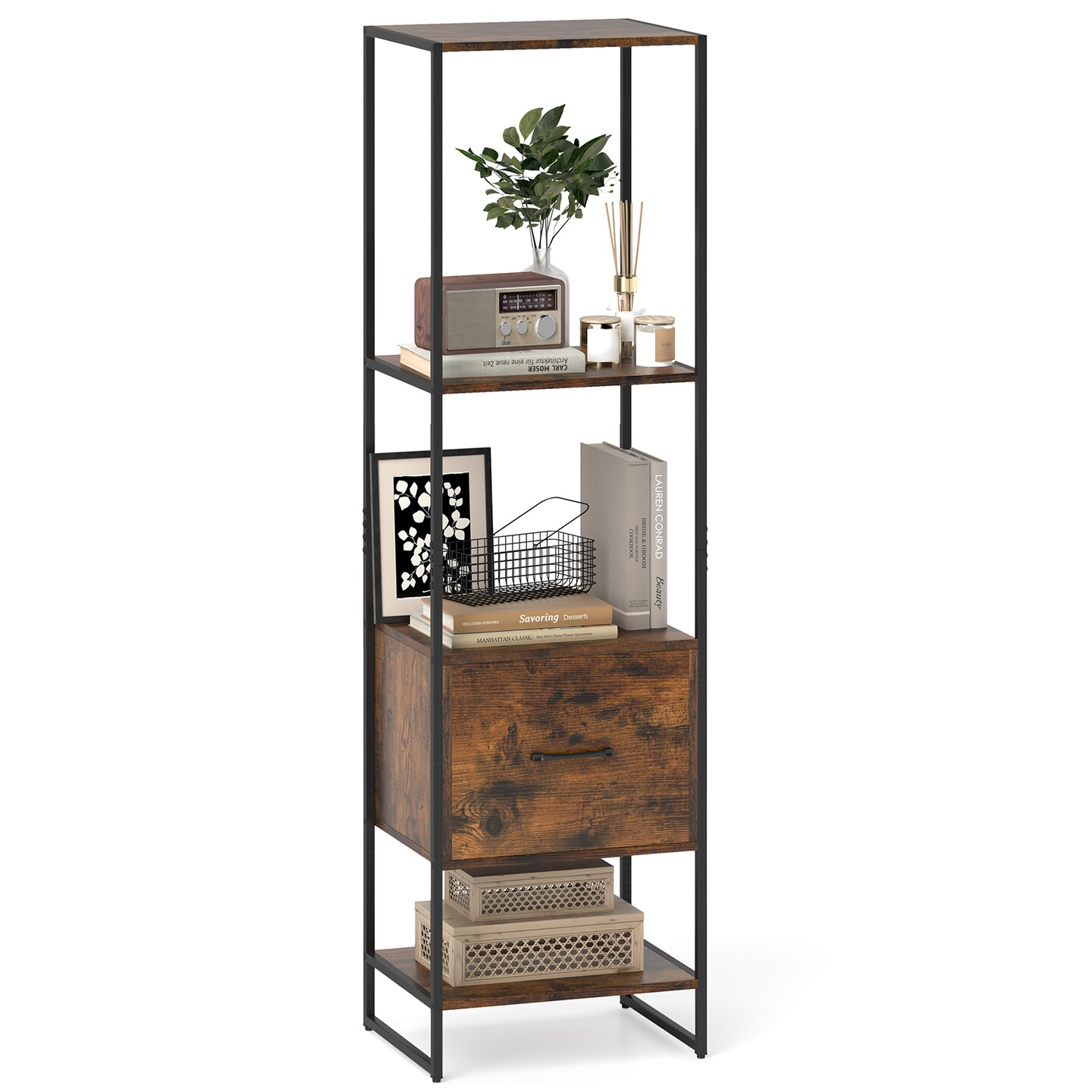 Space-Saving 5-Tier Narrow Bookcase with 4 Open Shelves and Hidden Storage Drawer