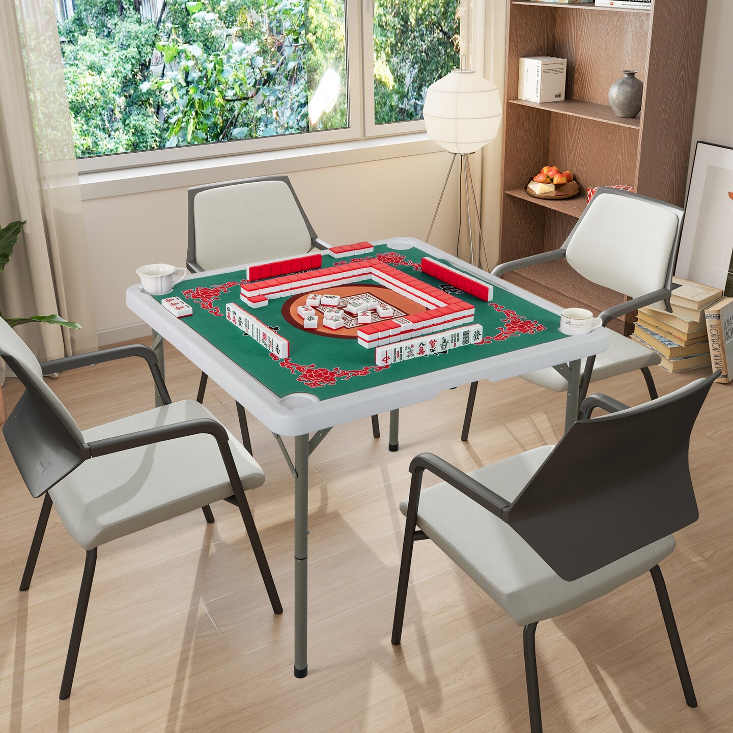 35&#x22; Foldable Mahjong Table with Mat and Handle Portable Game Table for 4 Players Indoor Outdoor Use