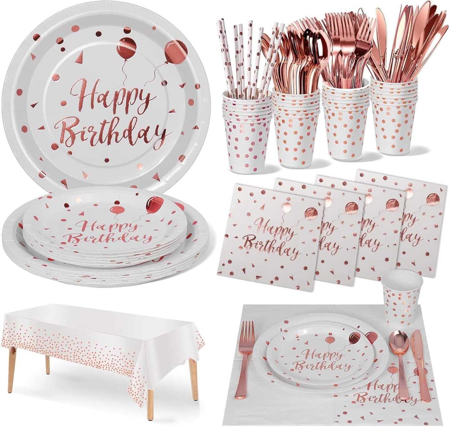 161-Piece Rose Gold Birthday Party Tableware Set, Includes Paper Plates, Napkins, Cups, and Silverware, Perfect for Showers, Engagement Parties, and Decorations – Serves 20