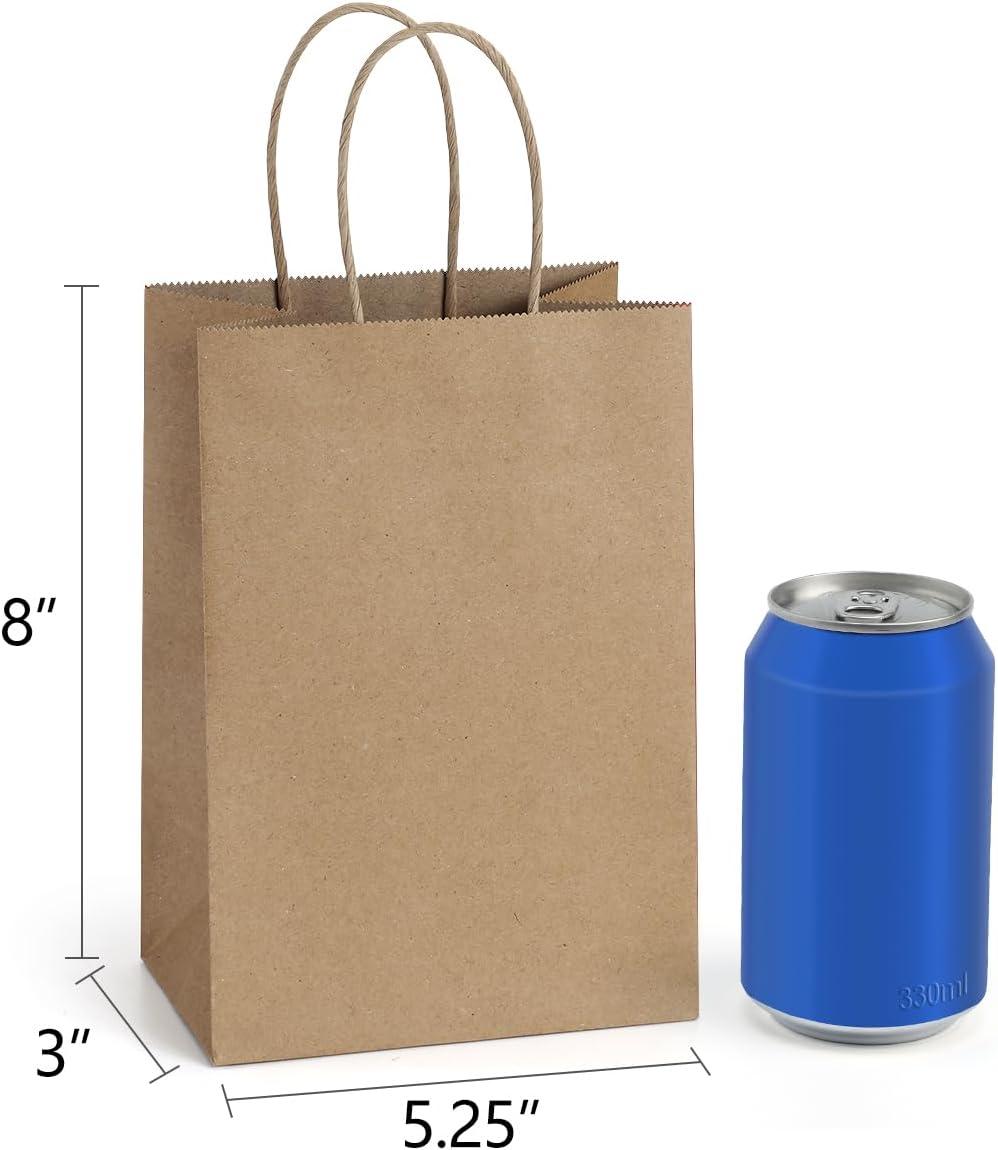 Gift Bags 100Pcs 5.25x3x8 Small Kraft Paper Gift Bags with Handles Bulk, Brown Paper Sacks for Small Business, Retail, Merchandise, Wedding Birthday Party Favor