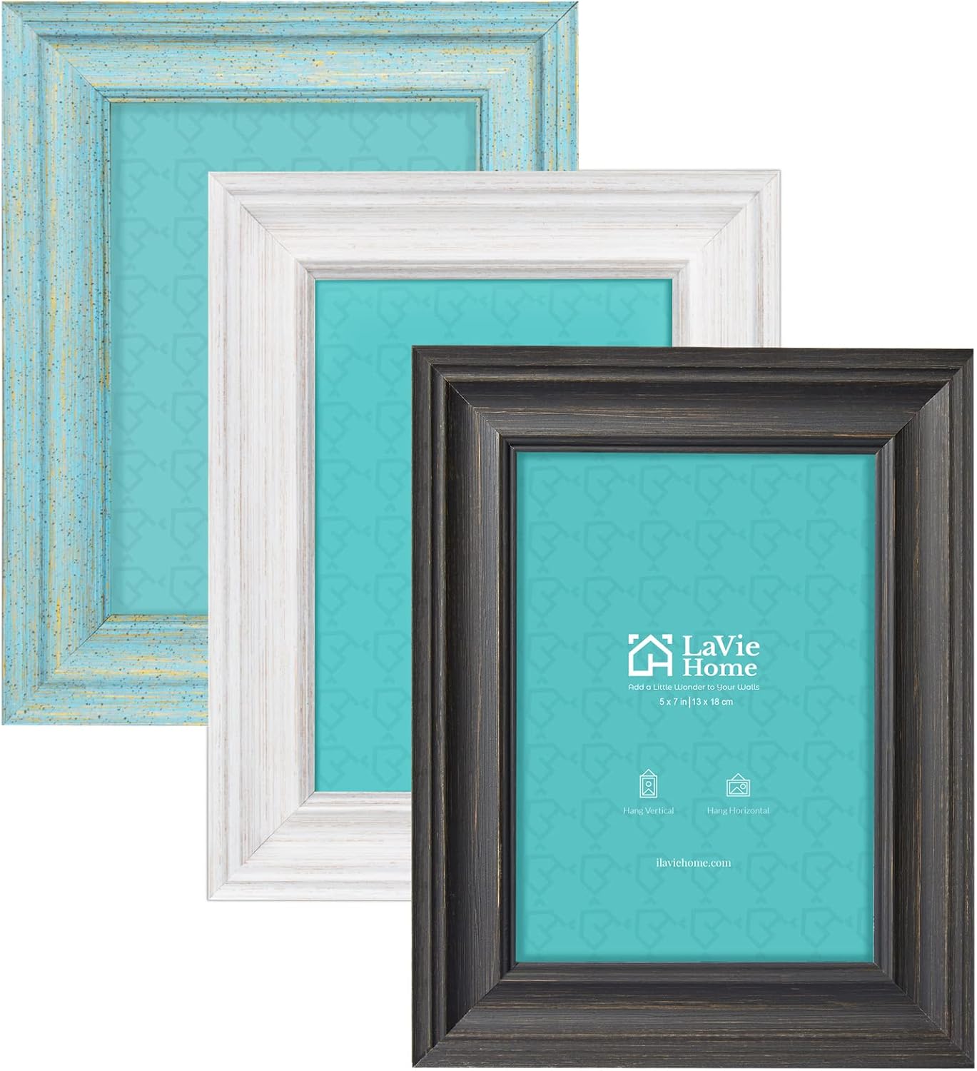 5x7 Picture Frames (3 Pack, Assorted Colors) Rustic Wood Grain Photo Frame Set with High Definition Glass for Wall Mount & Table Top Display