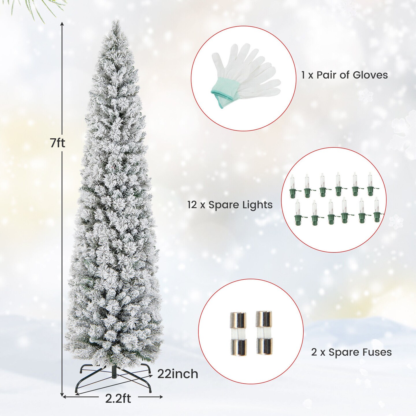 Pre lit Slim Flocked Christmas Tree with Warm Lights and Metal Stand