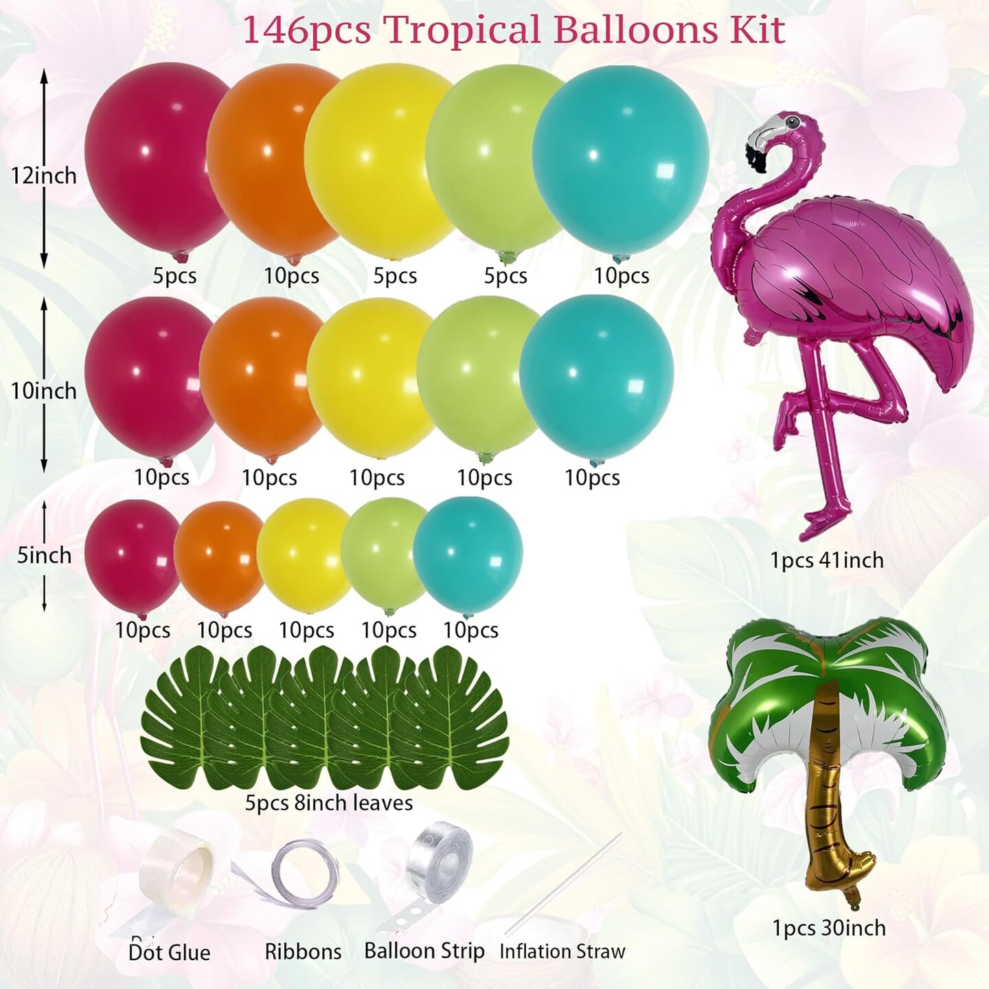 146Pcs Tropical Aloha Balloon Arch Garland Kit with Flamingo Palm Tree Bright Color Balloons for Hawaiian Luau Summer Party Baby Shower Birthday Decorations