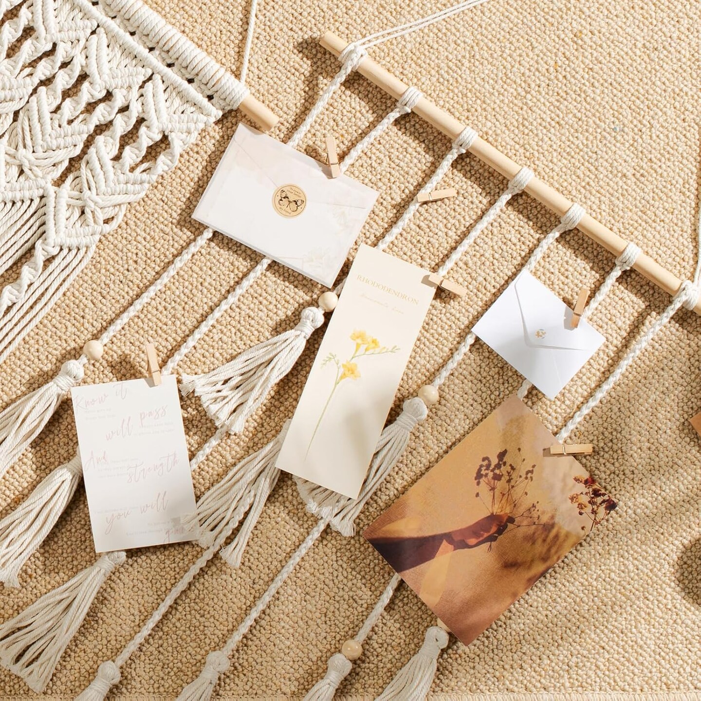 Hanging Photo Display Boho Macrame Wall Decor with Light|Ivory