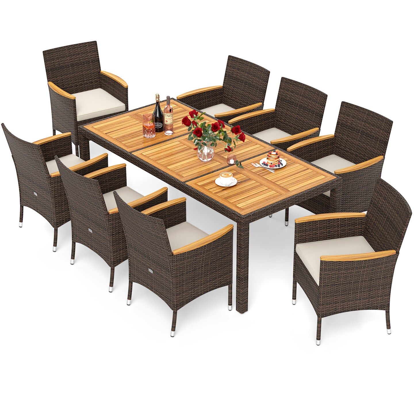 9-Piece Outdoor Dining Set with Solid Acacia Wood Table, Mix Brown PE Rattan Chairs
