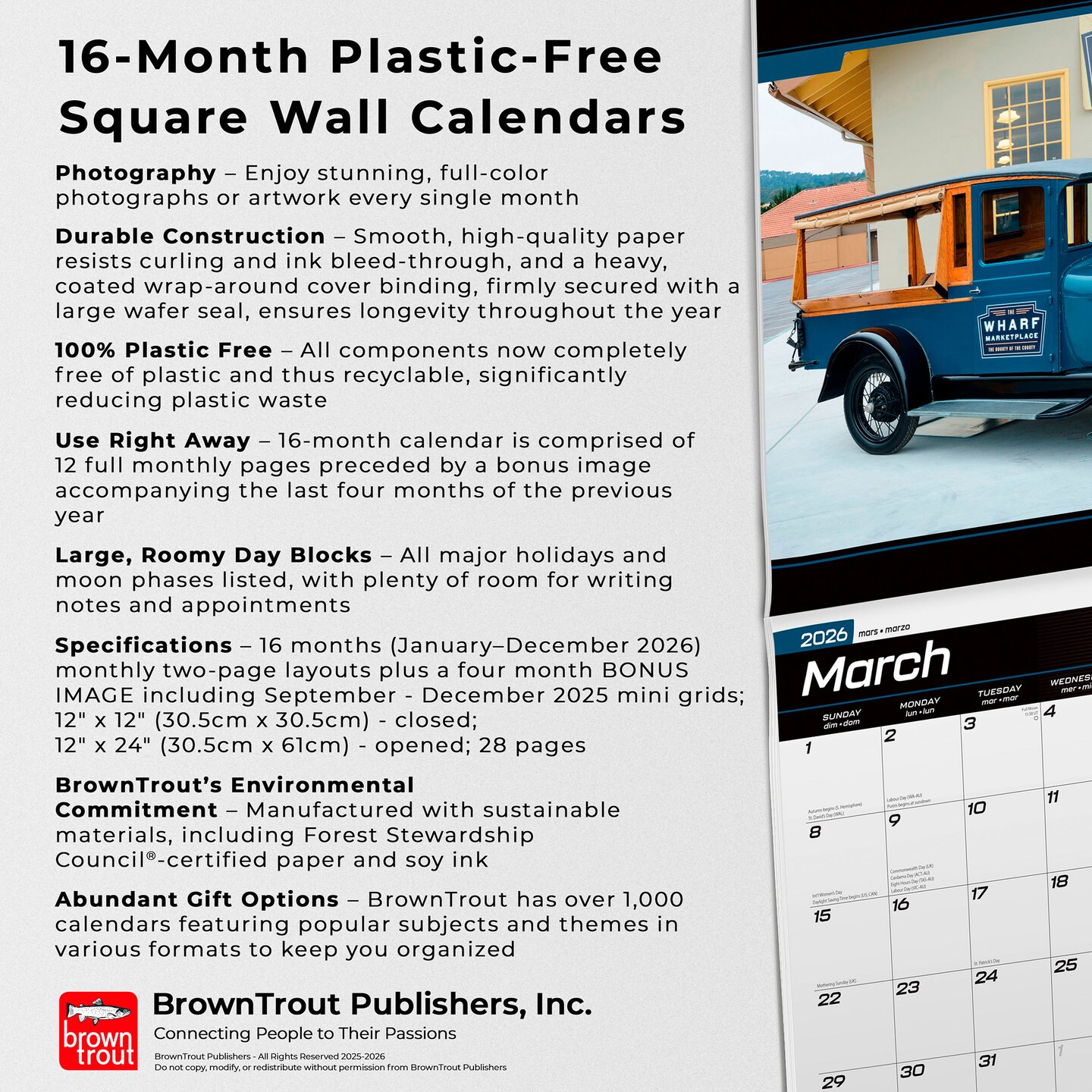 Classic Ford Pickups OFFICIAL | 2026 12 x 24 Inch (Hanging) Monthly Square Wall Calendar | Foil Stamped Cover | Plastic-Free | BrownTrout | Motor Truck