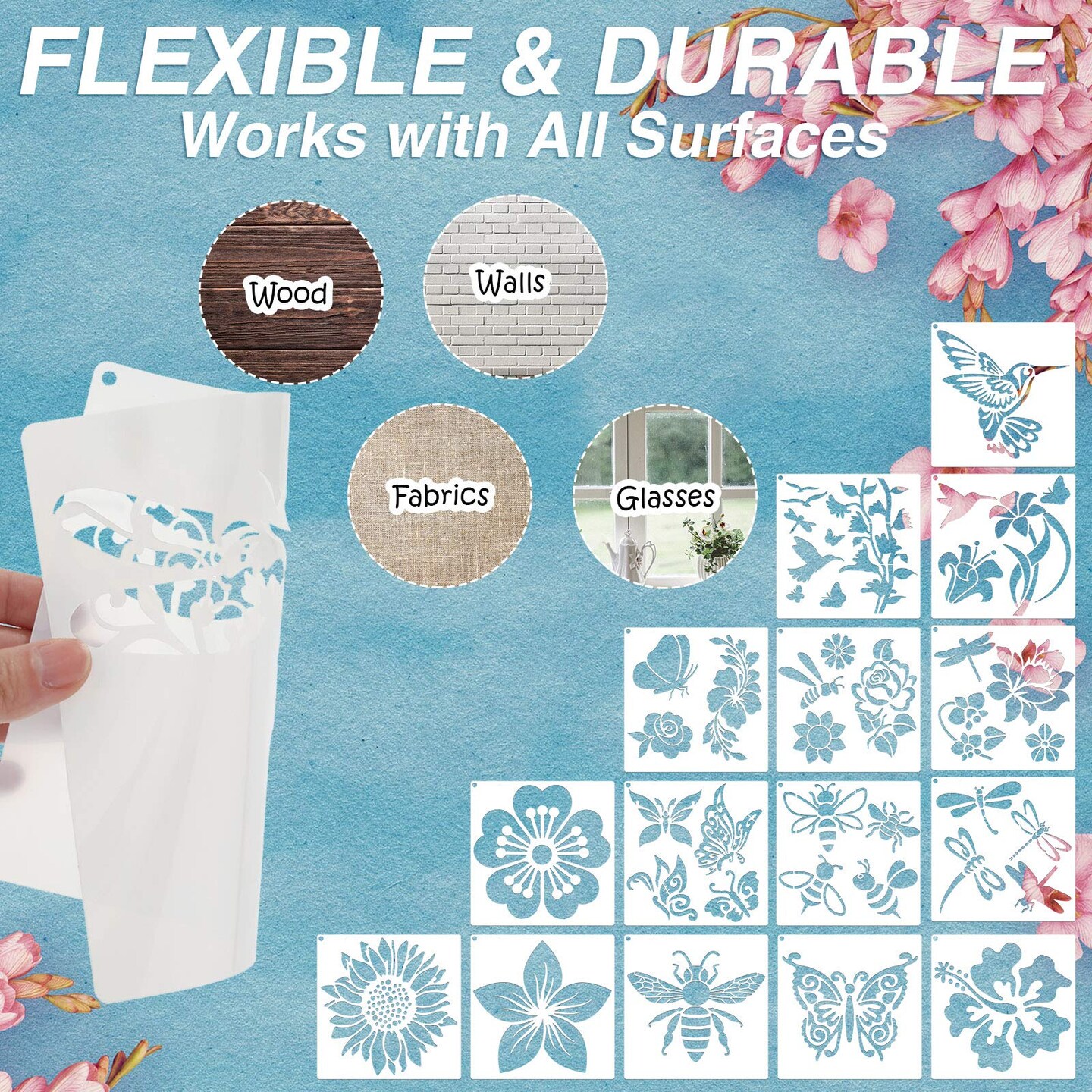 16 Pieces Stencil for Painting Sunflower Butterfly Floral Stencil Spring Summer Large Reusable Hummingbird Painting Templates and Metal Open Ring for DIY Craft on Wood Wall Home Decor(5.1 x 5.1 Inch)