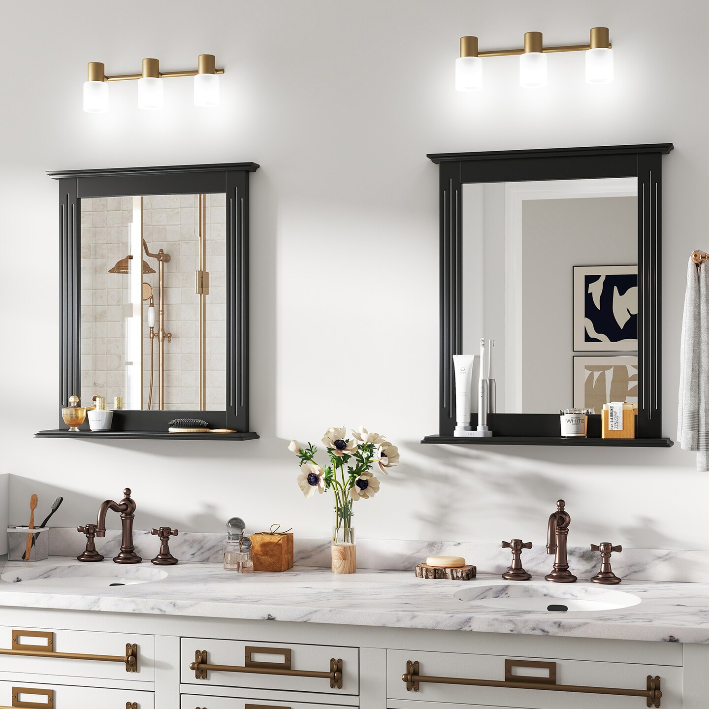 Black Wall-Mounted MDF Bathroom Mirror with Shelf Space-Saving and Stylish Design