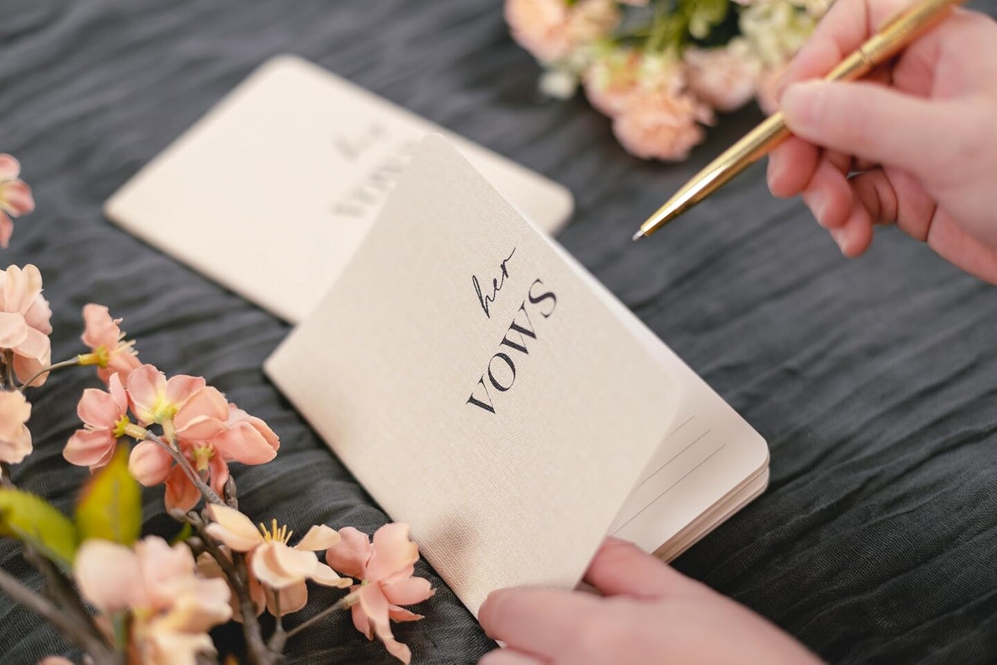 Slim Vow Books (Set of 2 - Design 1) - Soft Cream Canvas Linen Textured Cover Wedding Vow Booklets, Ceremony Speech Promise Notebook Journal, Gift for Newly Engaged Couple, 48 Lined Pages, 5.75&#x22; x 4&#x22;