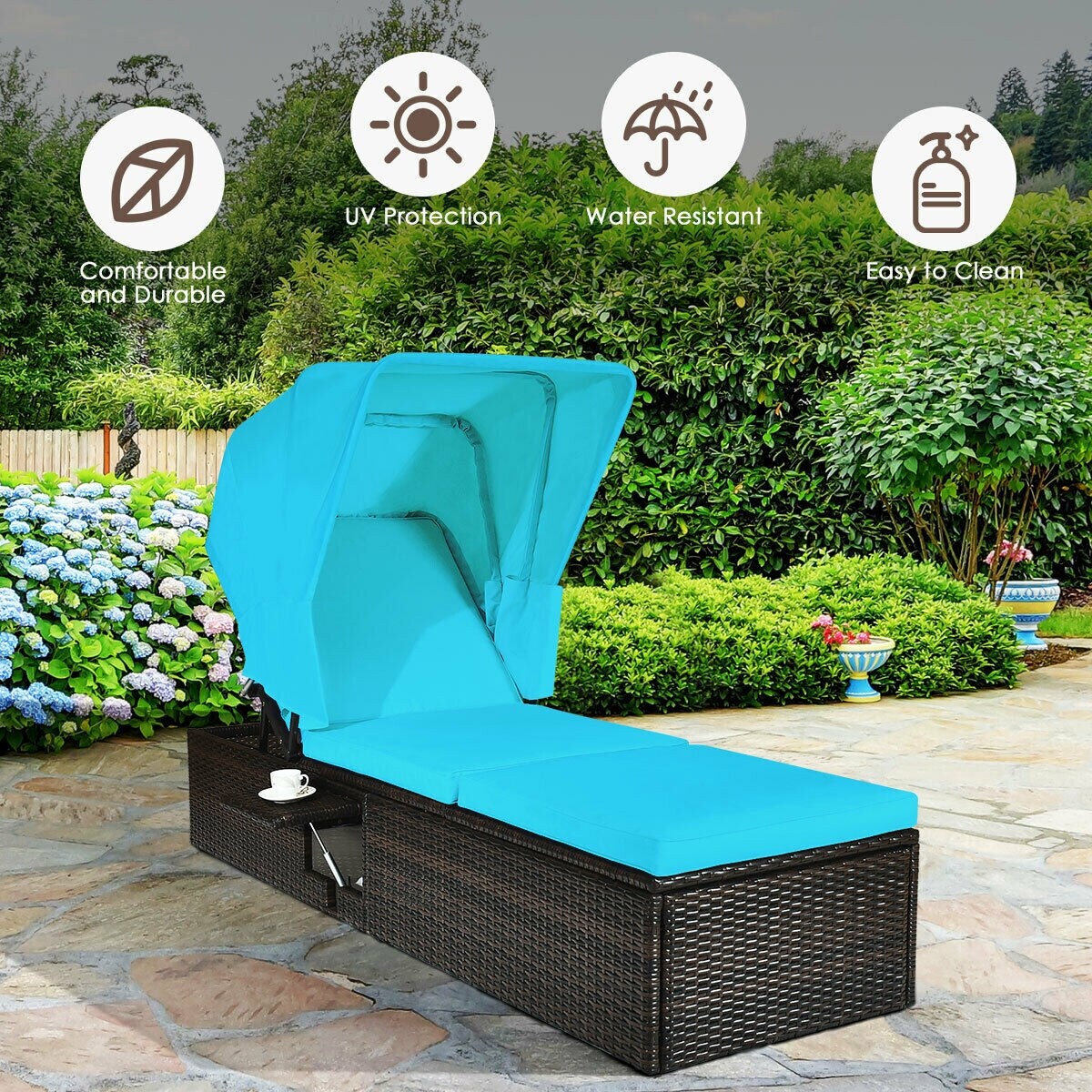 Turquoise Outdoor Wicker Chaise Cushioned Lounge with 5-Position Adjustable Backrest and Canopy
