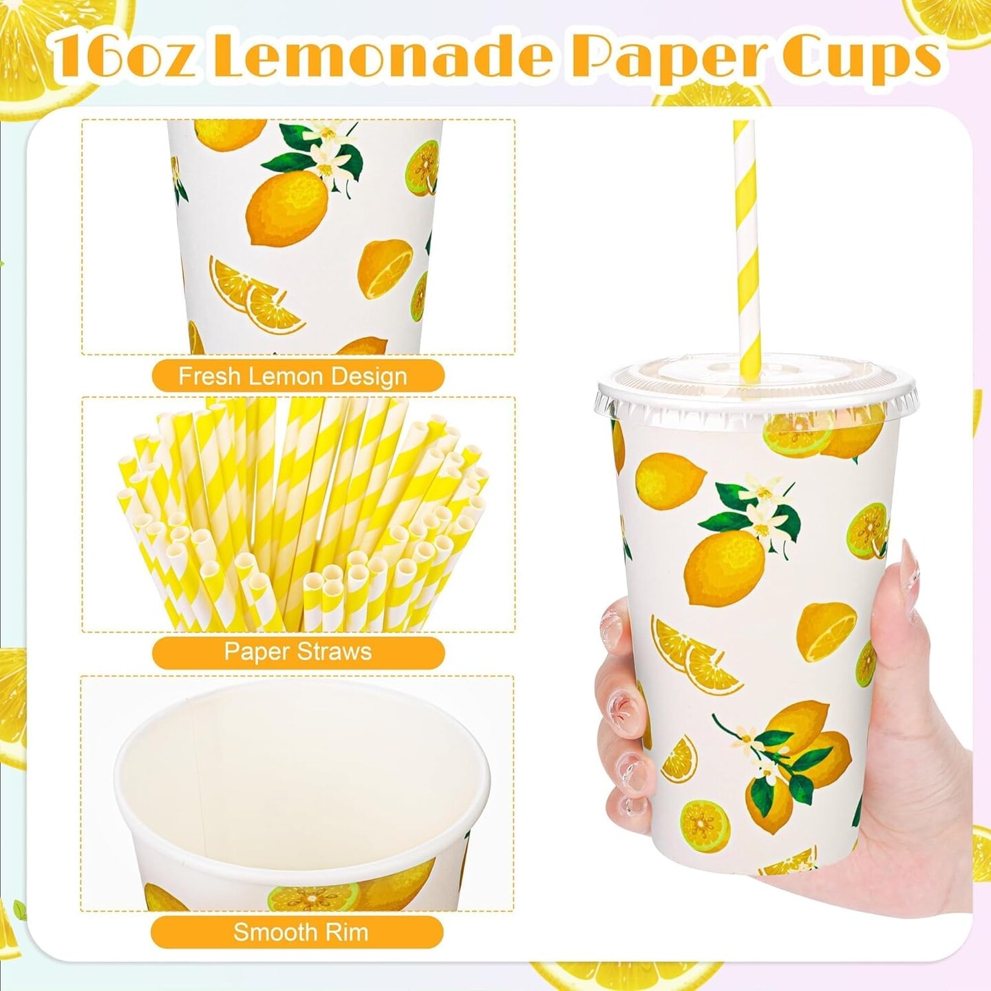 180 Pieces/60 Sets Lemonade Cups Disposable Paper Cups with Lids and Paper Straws 16oz Yellow Paper Cups Lemonade Stand Supplies for Cold Hot Beverage Juice Summer Fruit Party