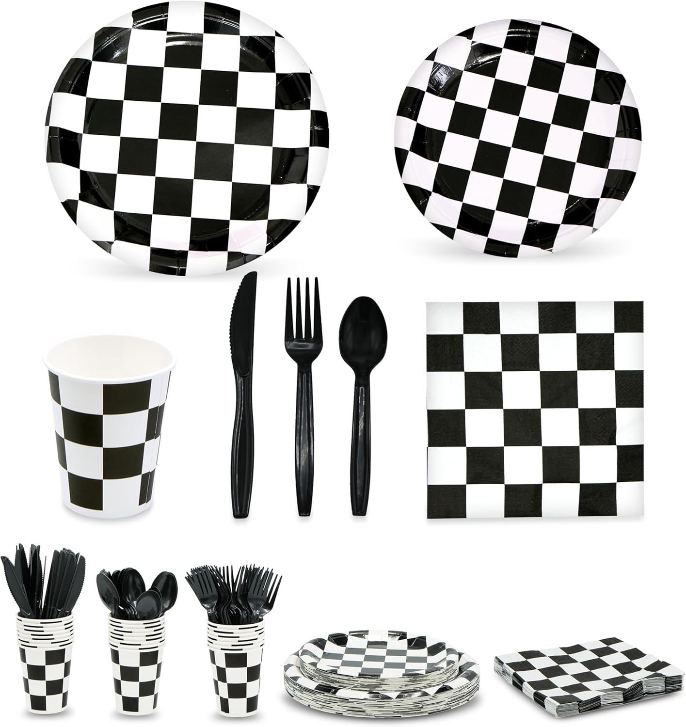 4E's Novelty 24 Pcs Checkered Party Supplies and Accessories like Checkered Flag Plates, Checkered Paper Cups, Checkered Flag Napkins, Cutlery - Race Car Party Plates For Different Special Occasions