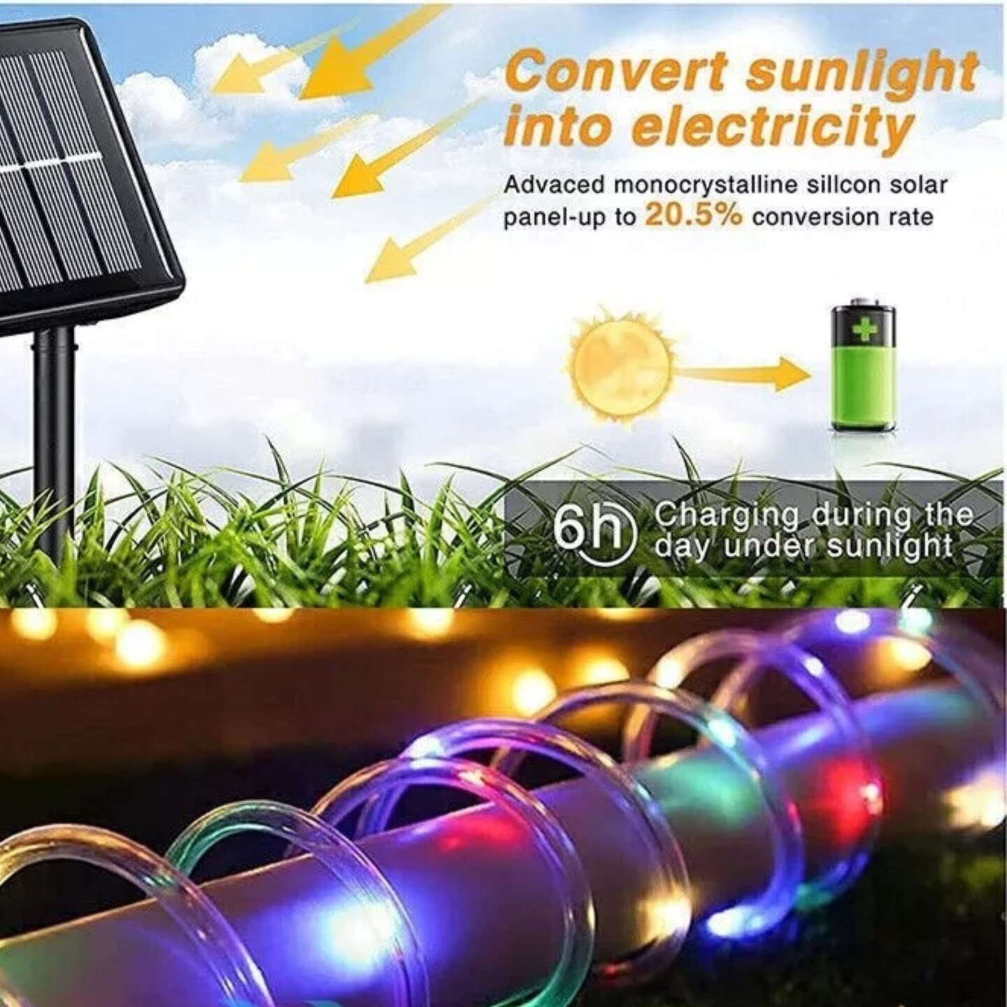 12M 100LEDs Soft Tube Solar Rope Lights Outdoor Waterproof LED PVC Fairy String