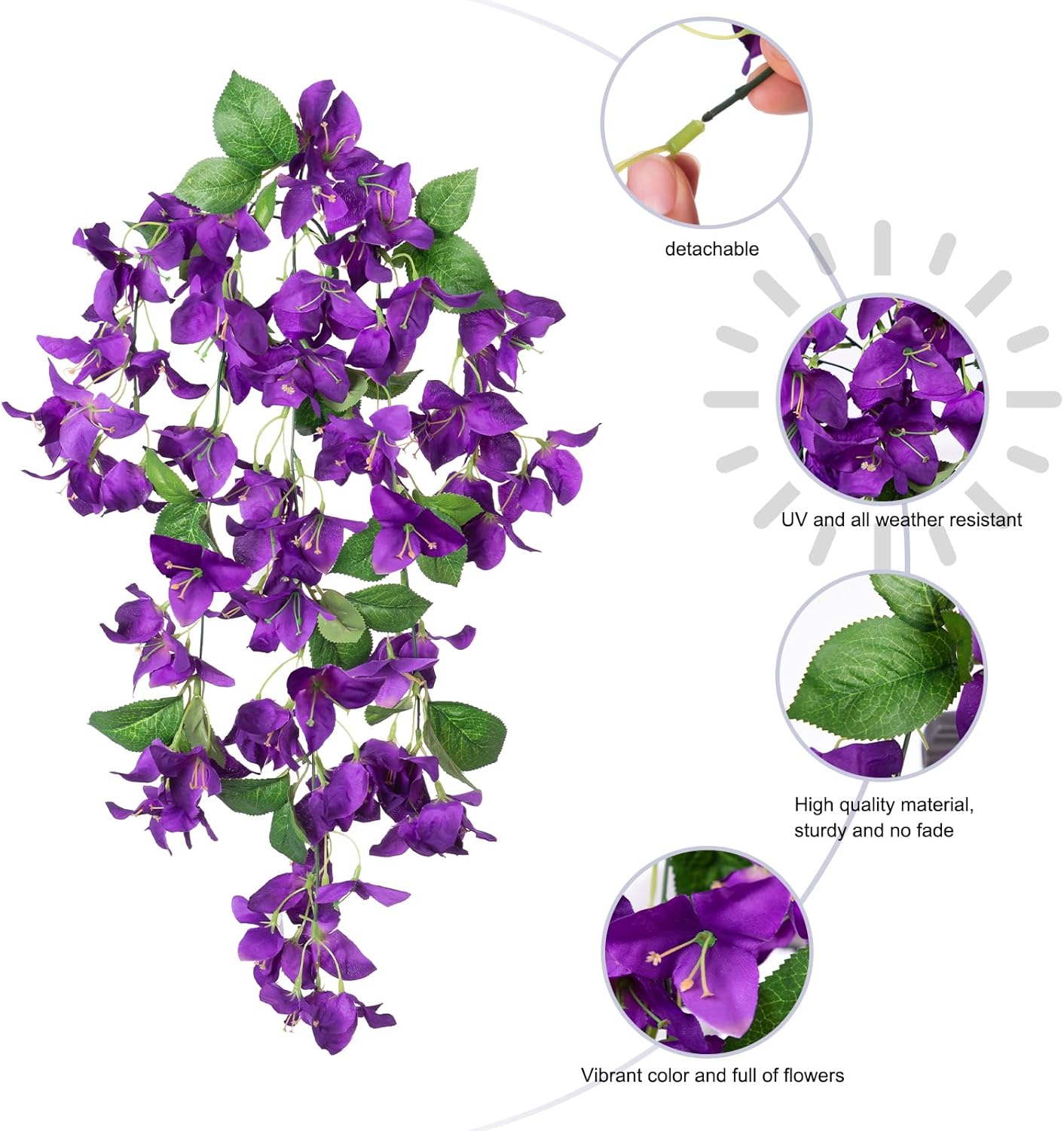 Artificial Bougainvillea Faux Flowers Plants for Outdoor Outside Summer Decoration, 2PCS Hanging Fake Silk Long Vines