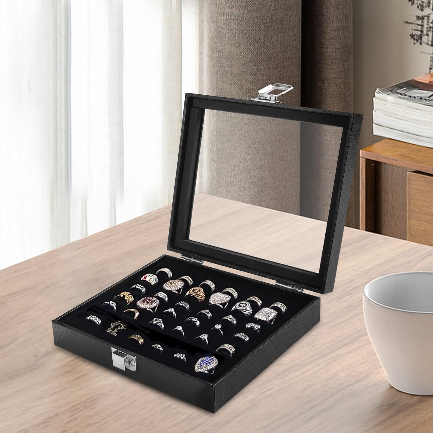 Ring Jewelry Organizer Box – 36 Slot Black Velvet Ring & Earring Display Case with Glass Lid, PU Leather Jewelry Storage Tray, Gift for Women & Girls